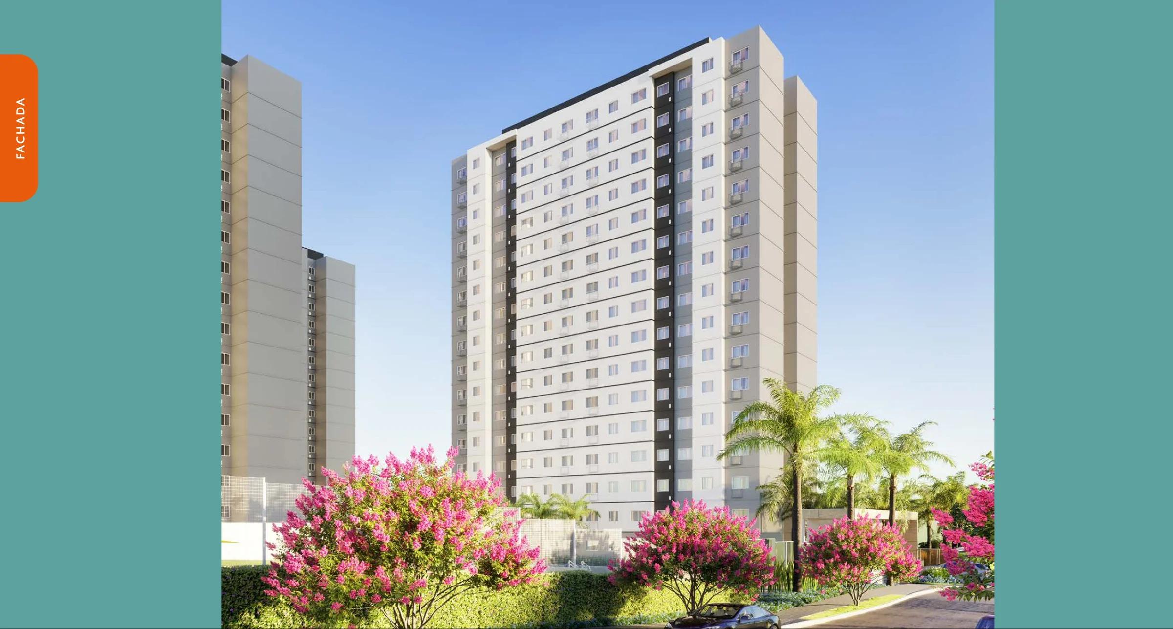 Perspectiva da fachada da torre residencial com projeto paisagístico no térreo
