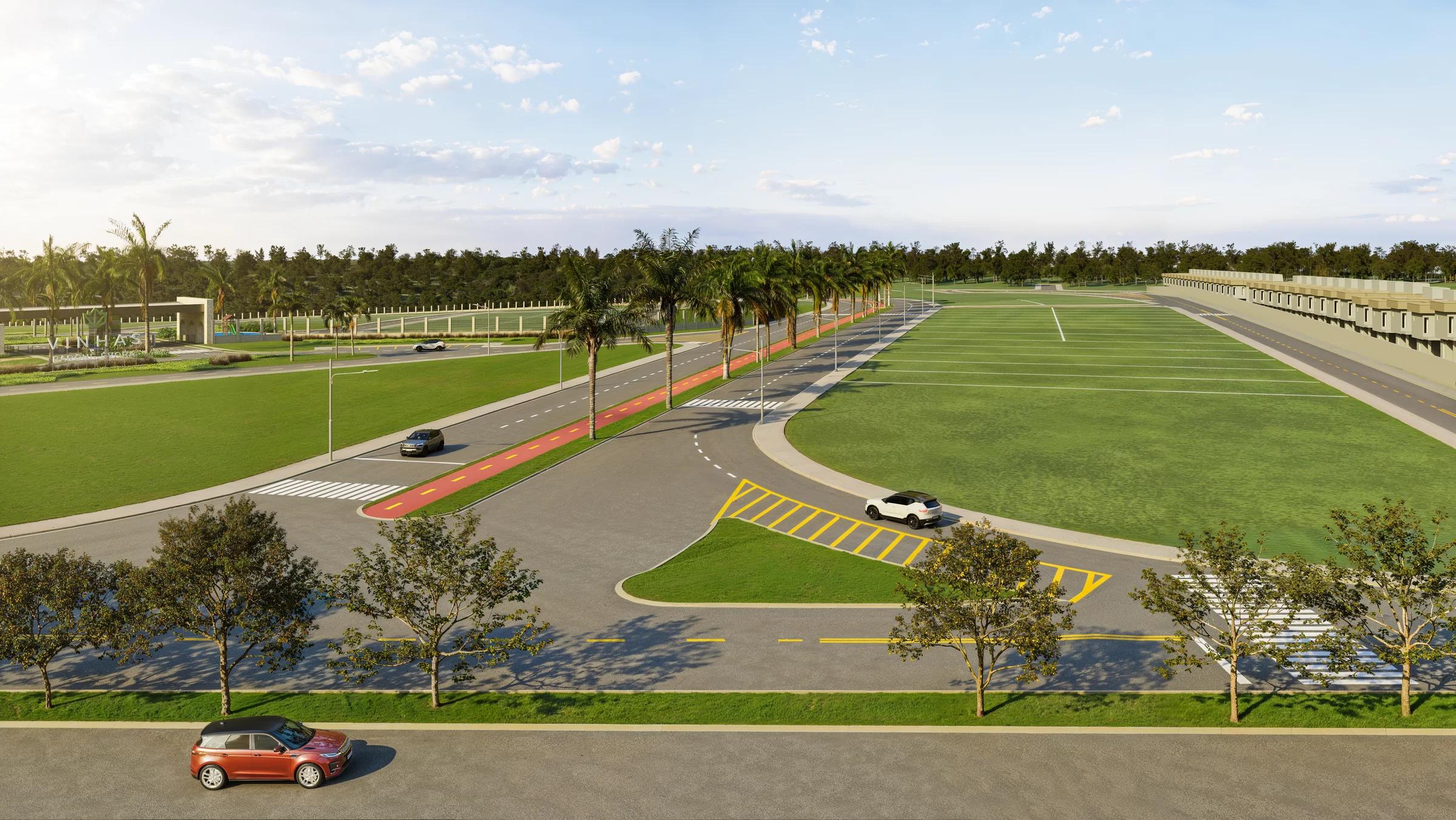 Parque Évora II - Loteamento Aberto - Vista elevada das vias e dos lotes com áreas verdes