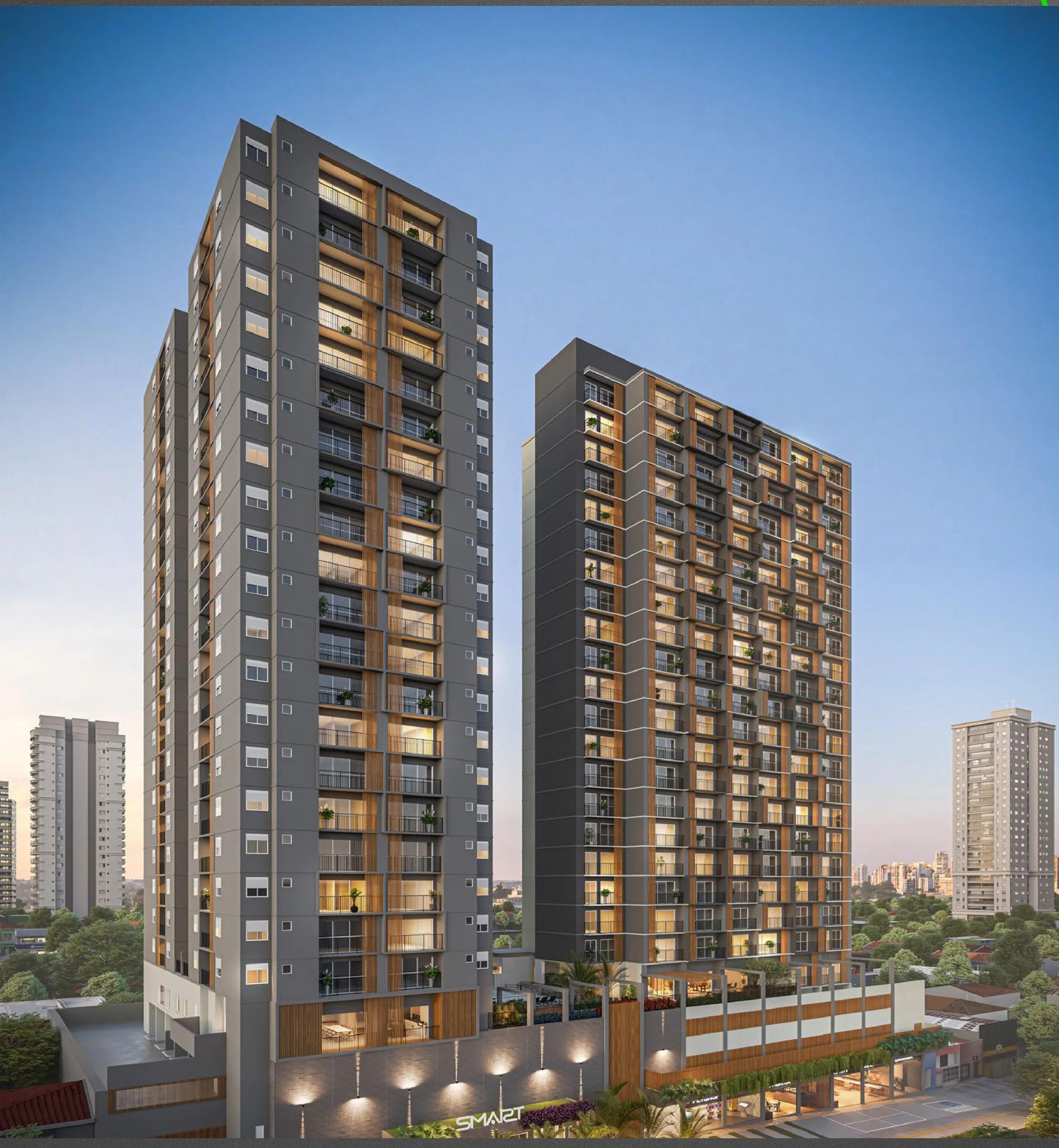 Perspectiva das duas torres residenciais do empreendimento ao entardecer