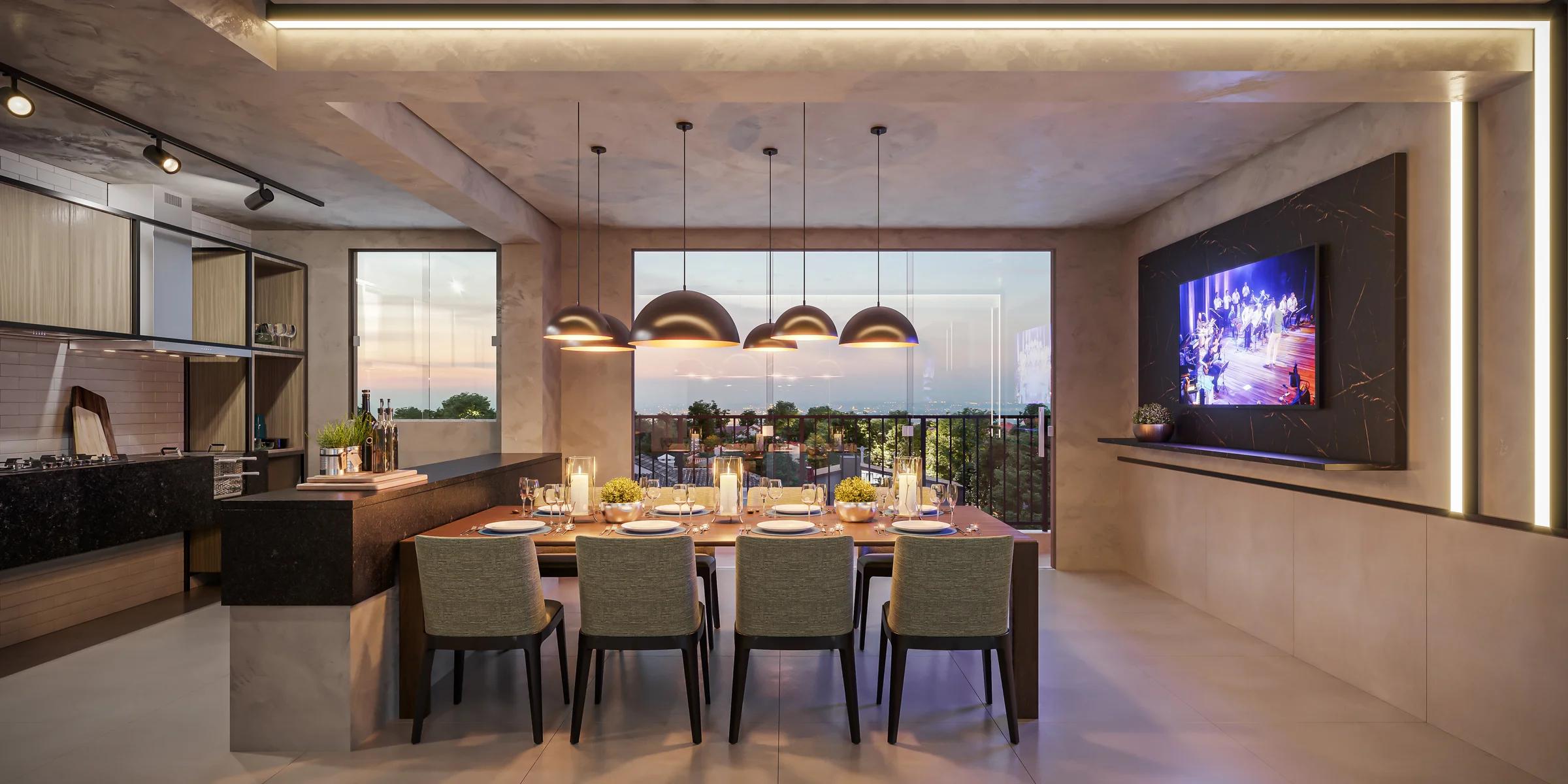 Espaço gourmet com mesa de jantar para oito lugares e bancada de apoio