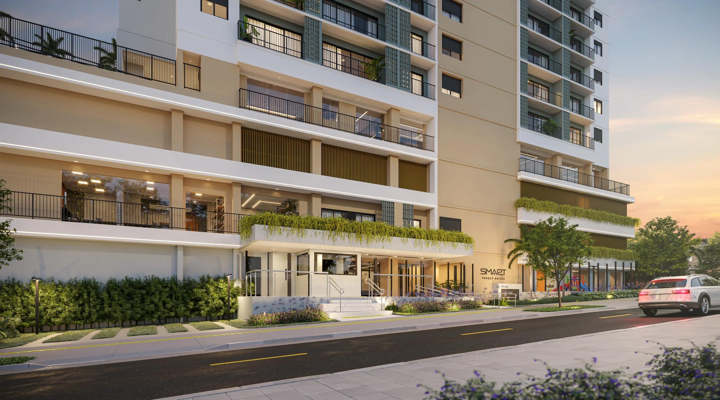 Portaria e acesso social do edifício no nível da rua com paisagismo
