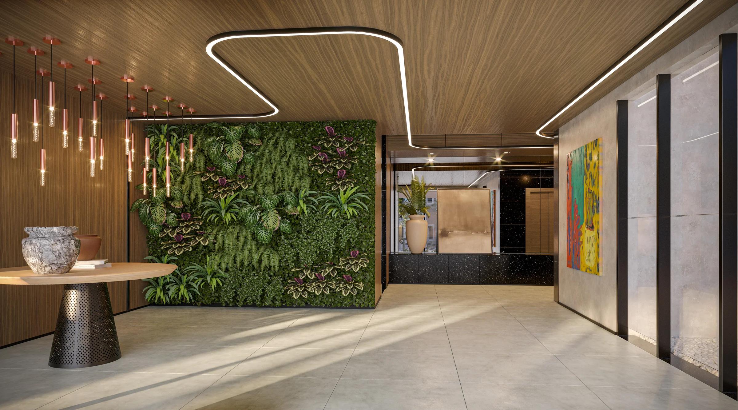 Lobby de entrada com jardim vertical e iluminação decorativa