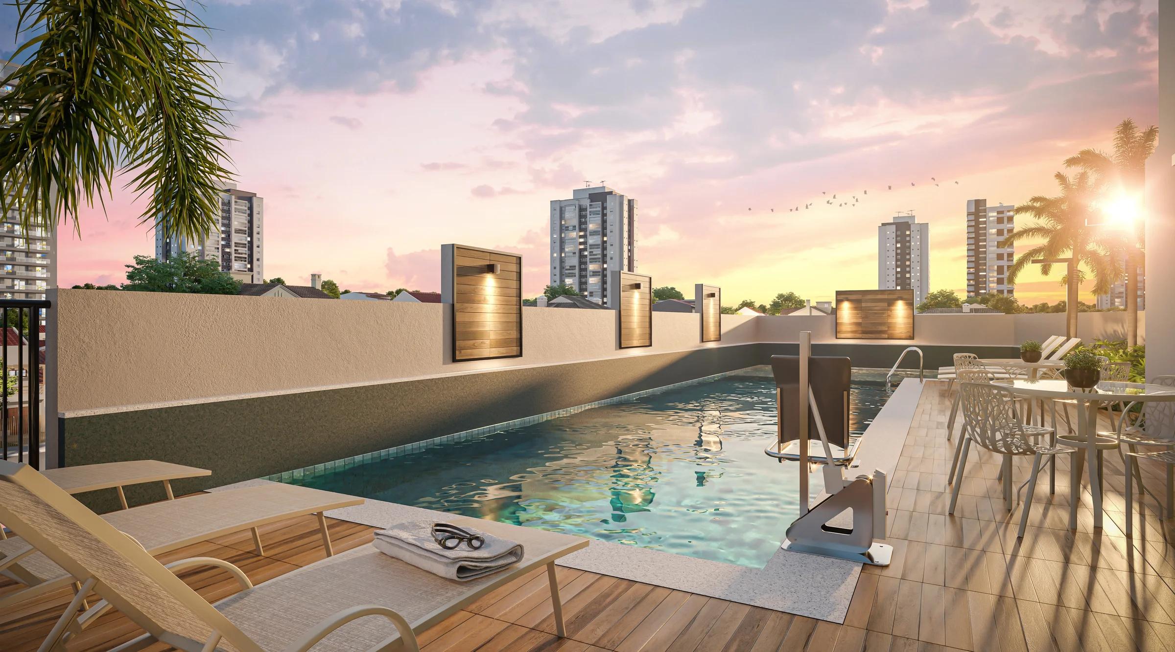 Piscina ao ar livre com deck, espreguiçadeiras e acessibilidade