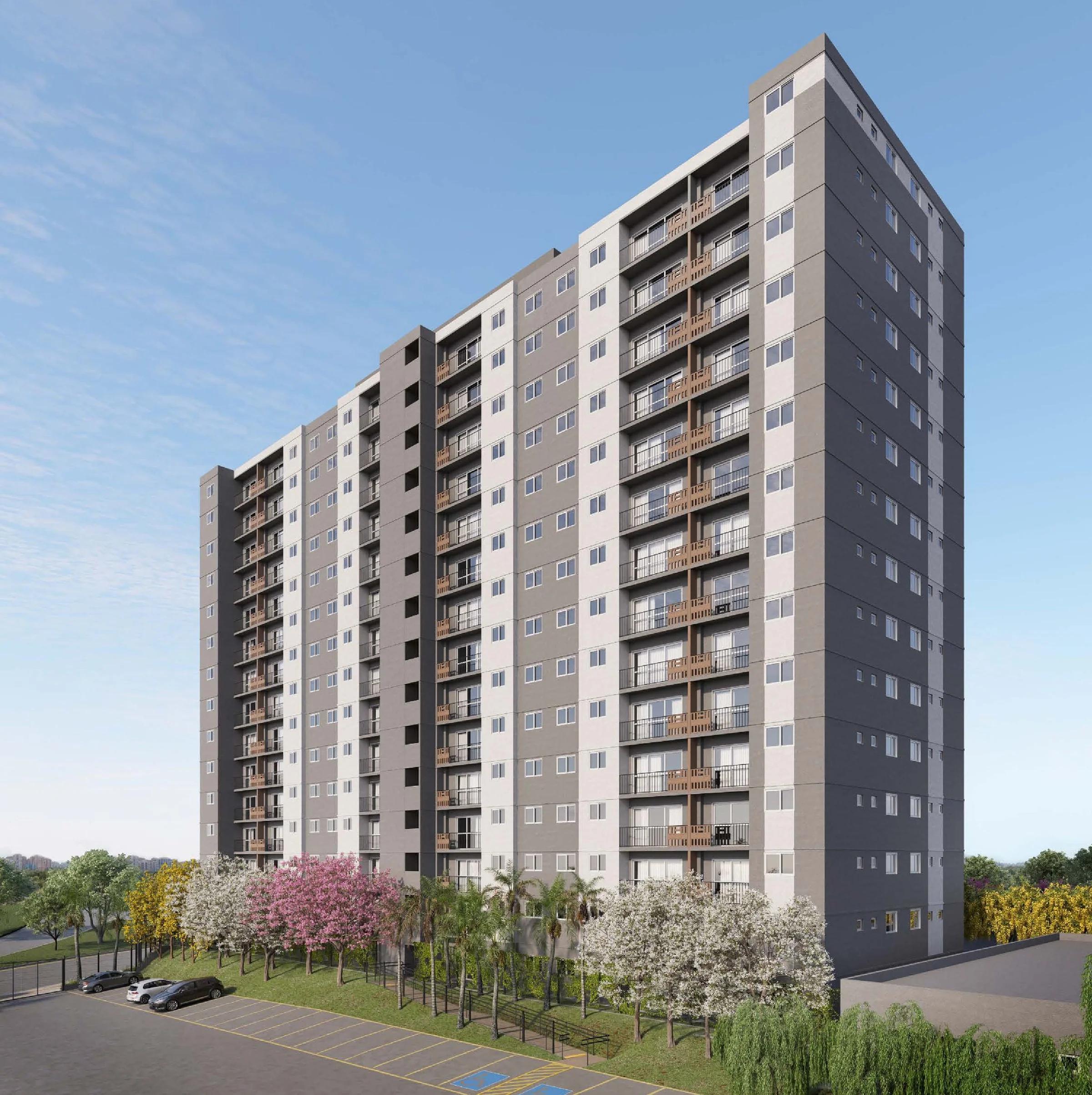 Perspectiva da fachada da torre residencial com estacionamento e paisagismo ao redor