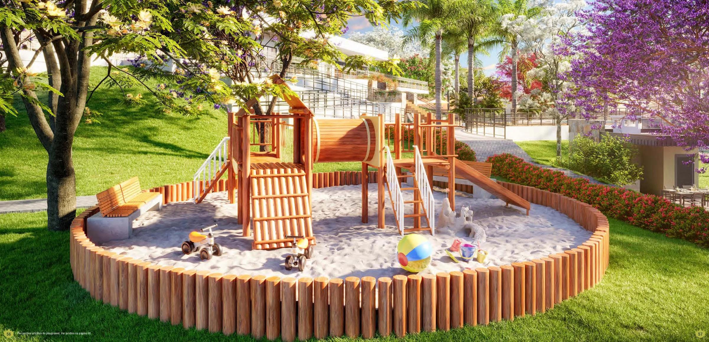 Playground de madeira instalado sobre caixa de areia cercada