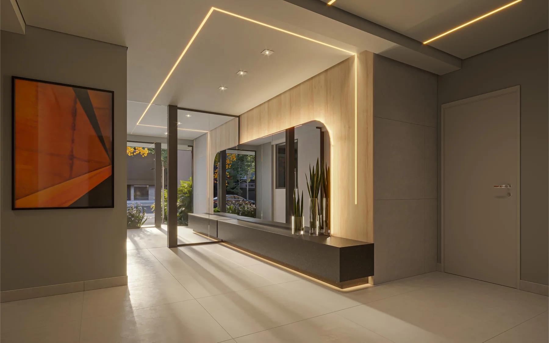 Volt C-220 - Lobby com balcão, espelho e acesso aos elevadores
