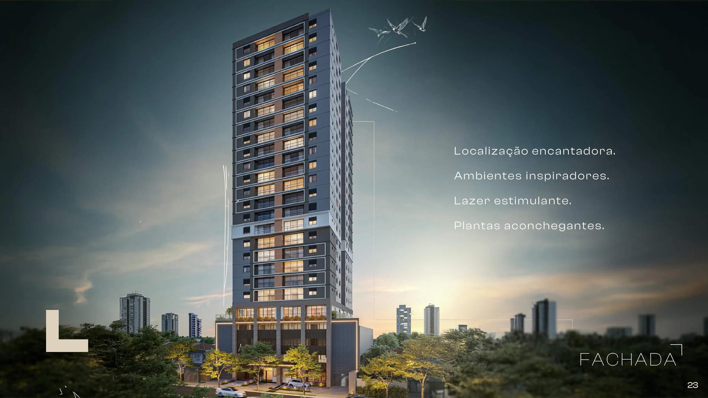 Perspectiva artística da torre residencial inteira ao entardecer