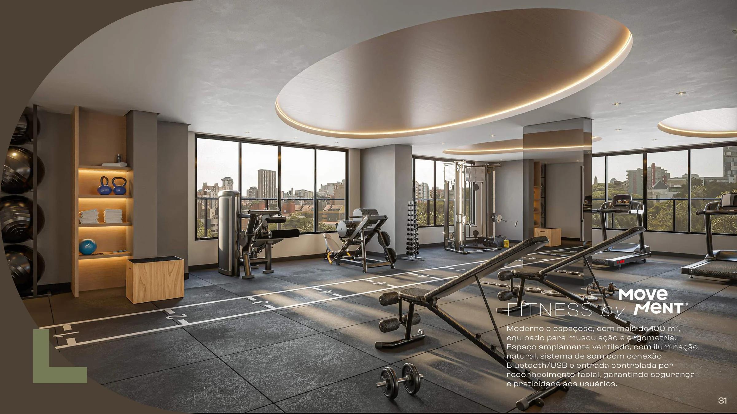 Academia equipada com esteiras, aparelhos de musculação e ampla iluminação natural