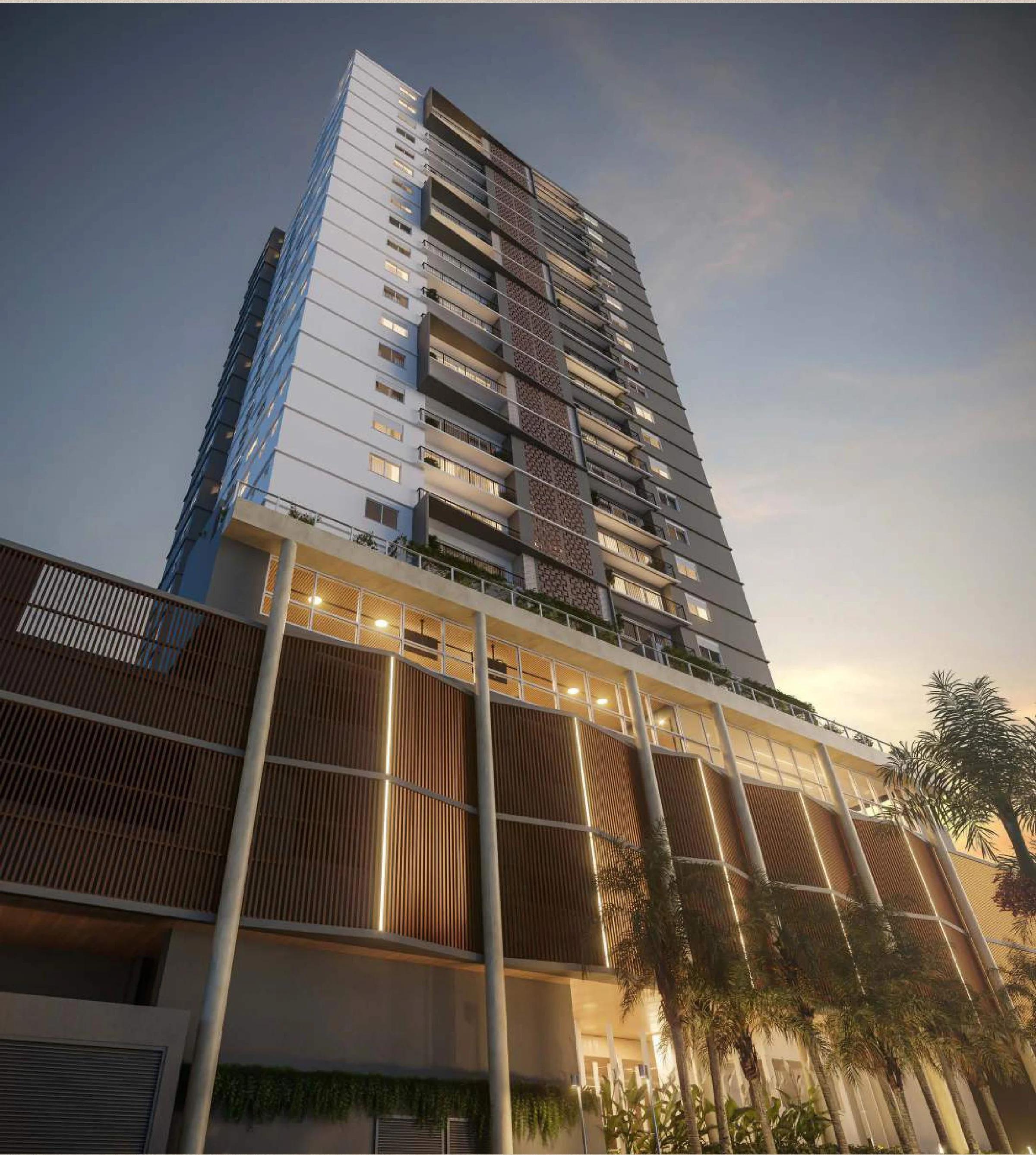 Fachada completa da torre residencial em ângulo vertical
