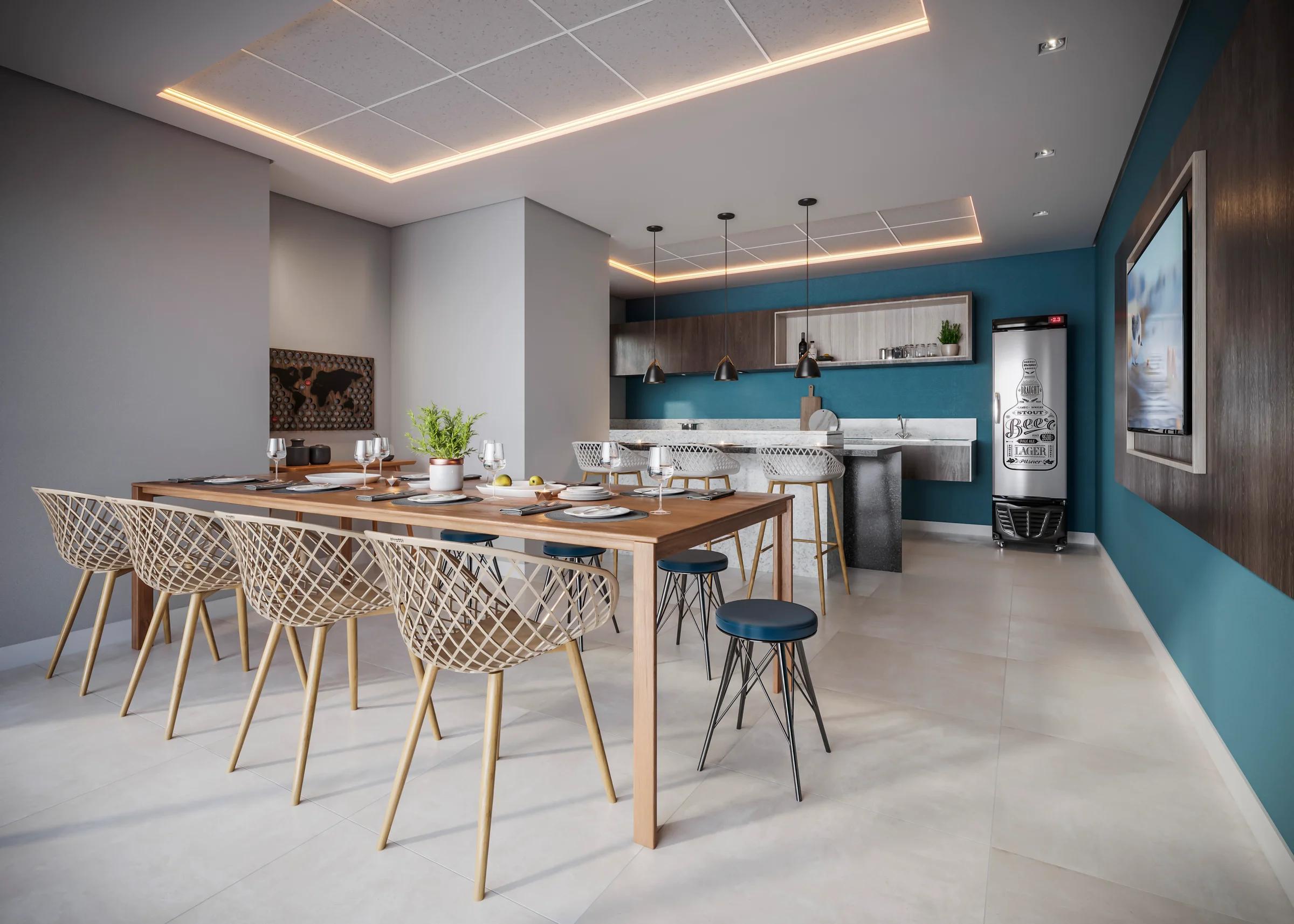 Wish 211 - Espaço gourmet com bancada, mesa e cozinha