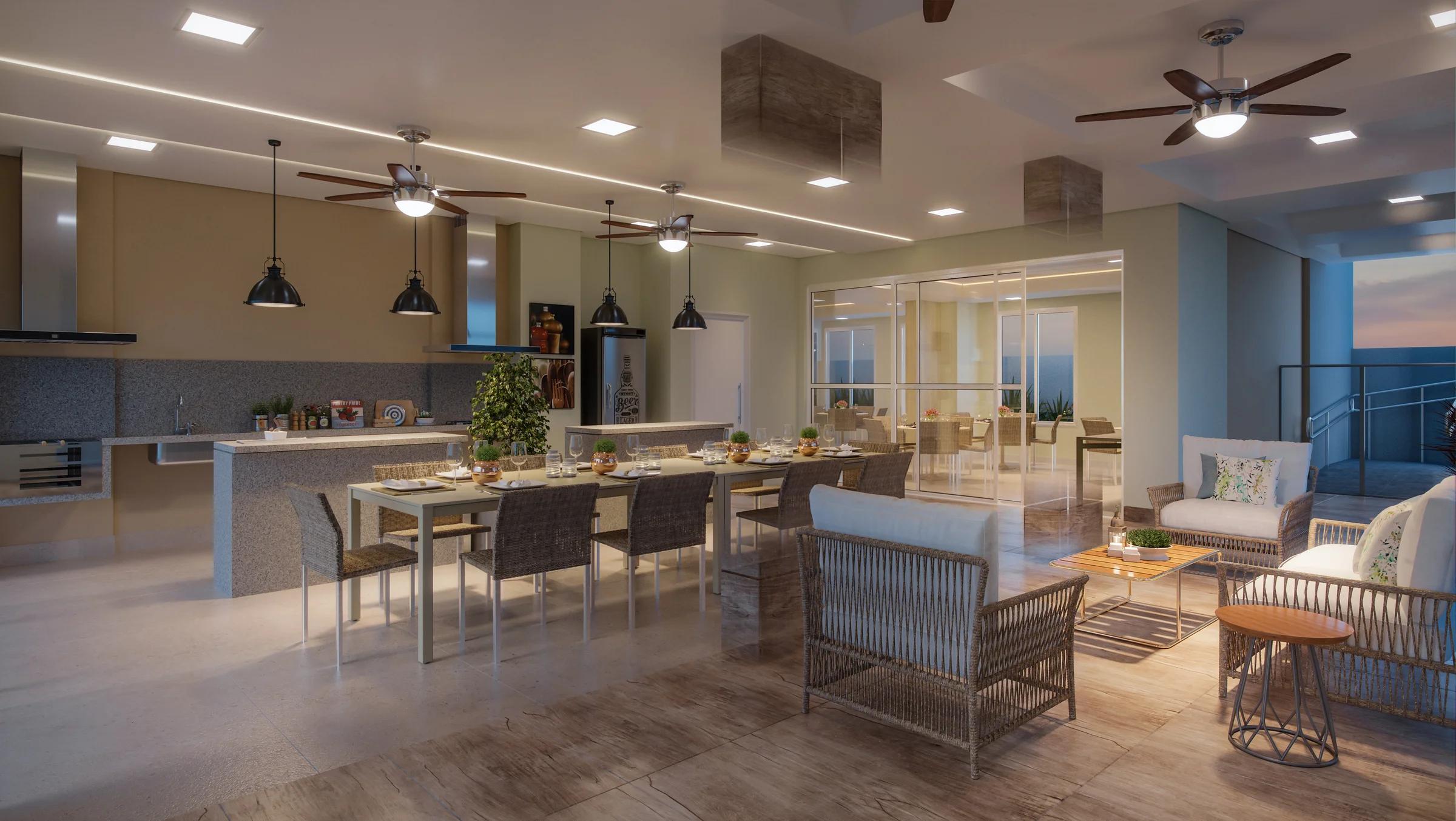 Wish Areião - Espaço gourmet com mesa e cozinha integrada