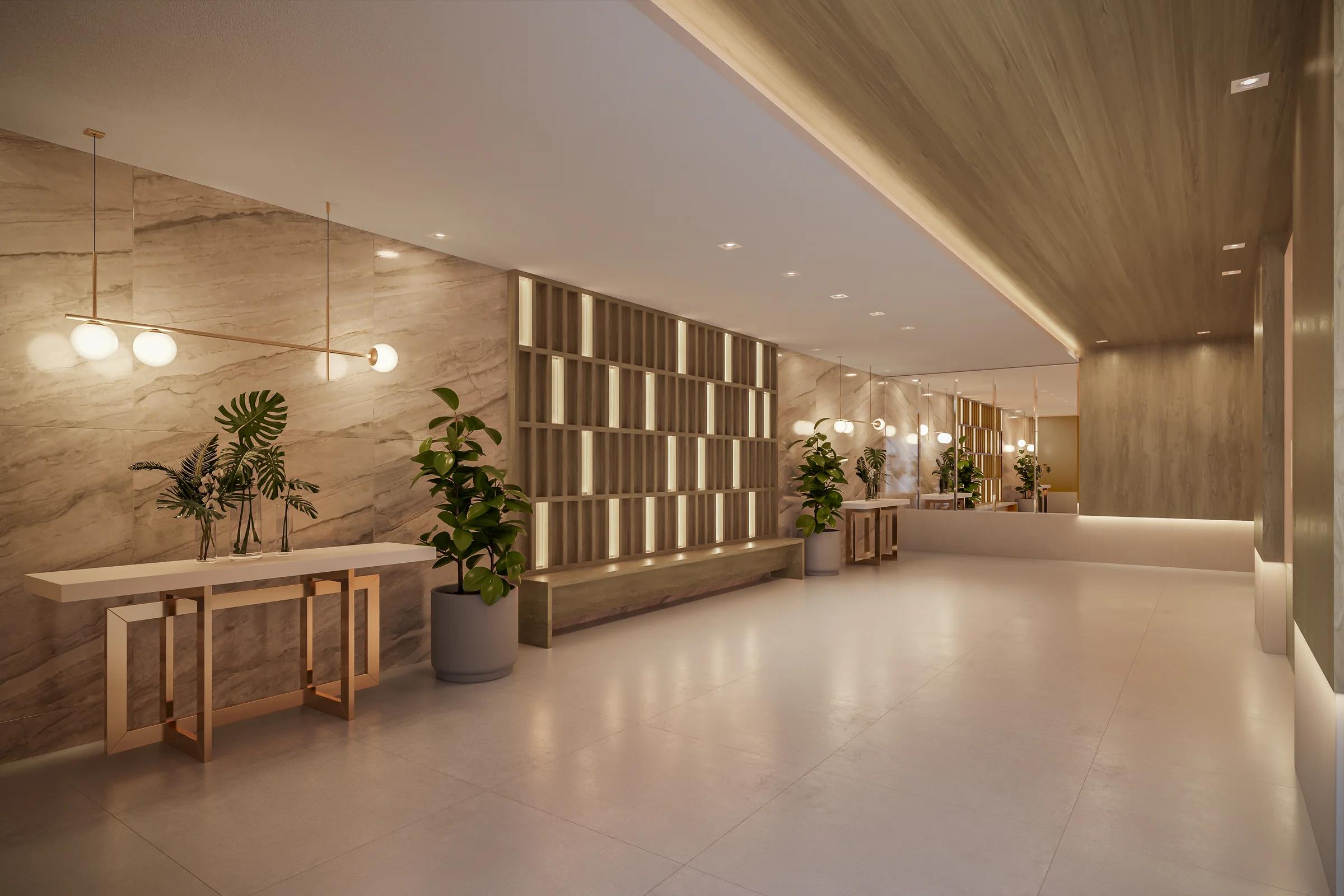 Wish Trinta e Sete - Lobby com balcão, painel decorativo e estar