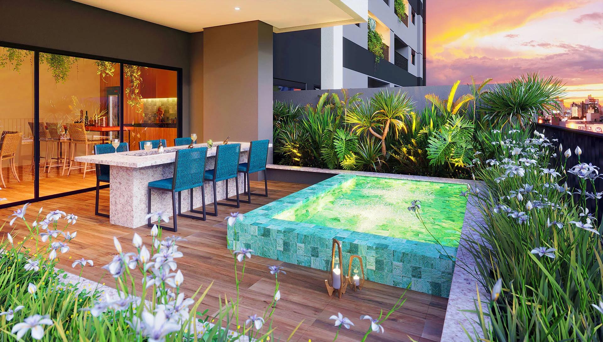 Spa com hidromassagem e bancada gourmet