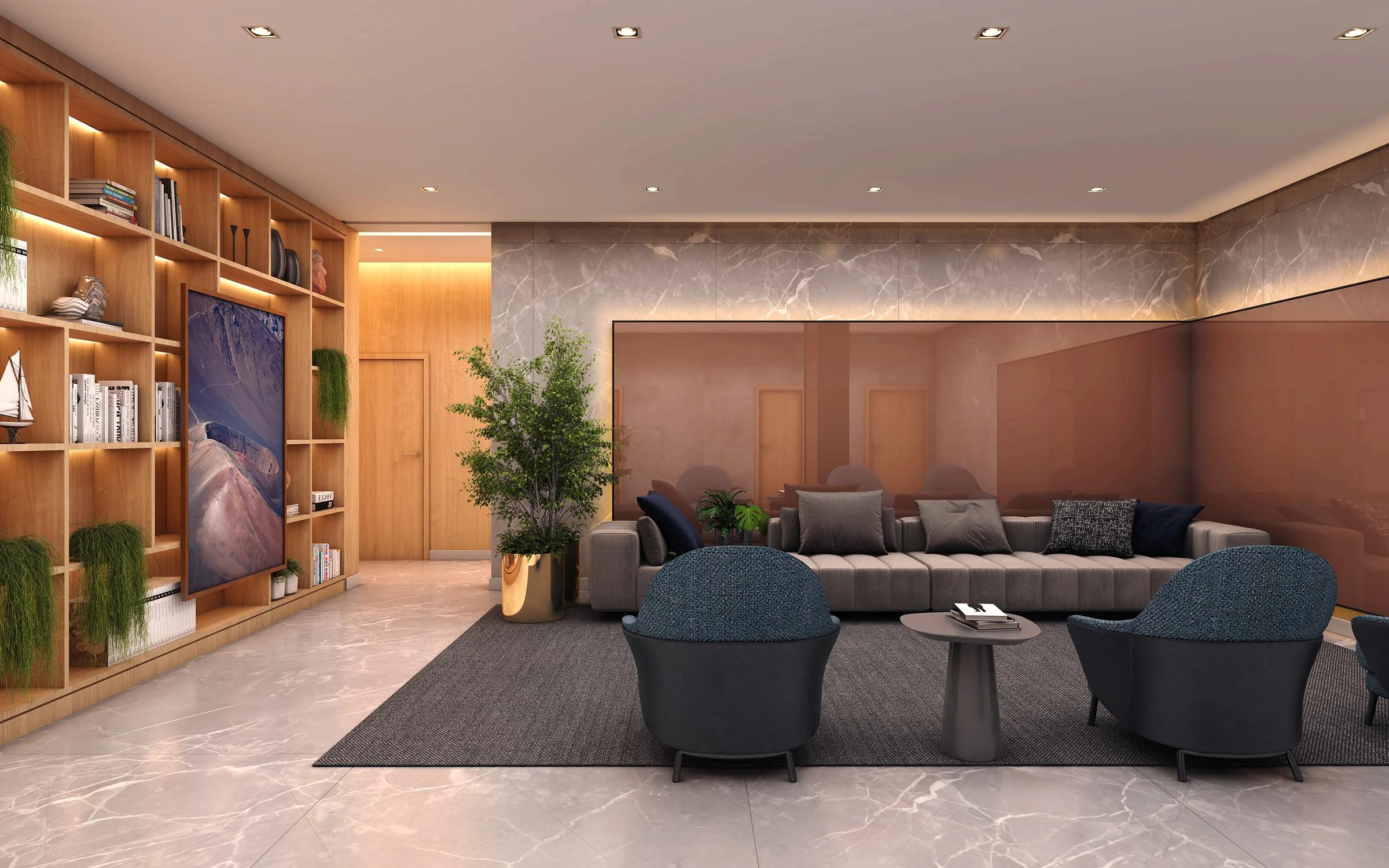 Lobby de entrada com estante de madeira, sofás e poltronas