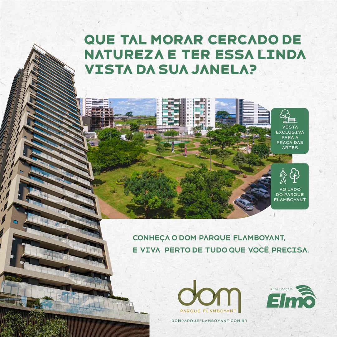 Fachada completa do edifício Dom Parque Flamboyant vista da praça em perspectiva vertical