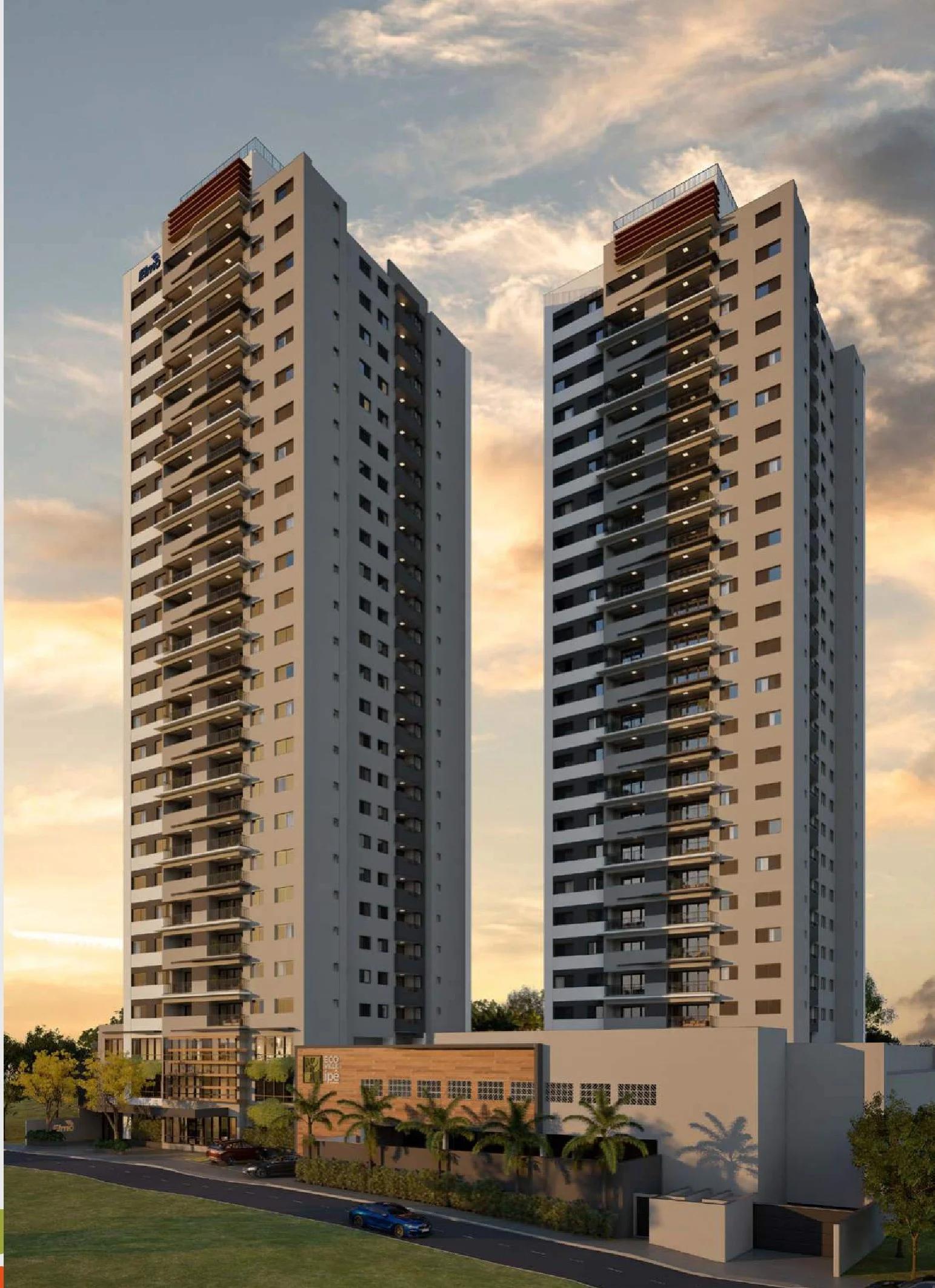 Perspectiva 3D vertical das duas torres residenciais ao entardecer
