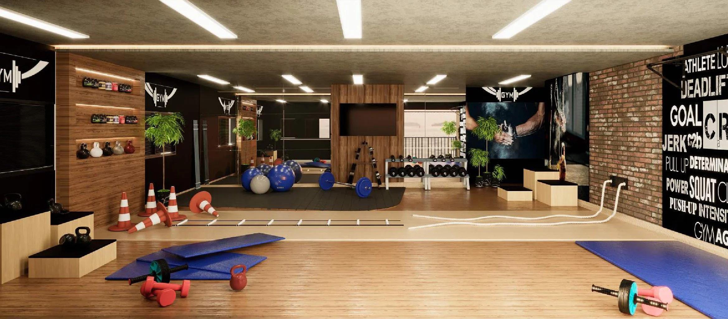 Espaço fitness e academia funcional com equipamentos de treino e parede de tijolos