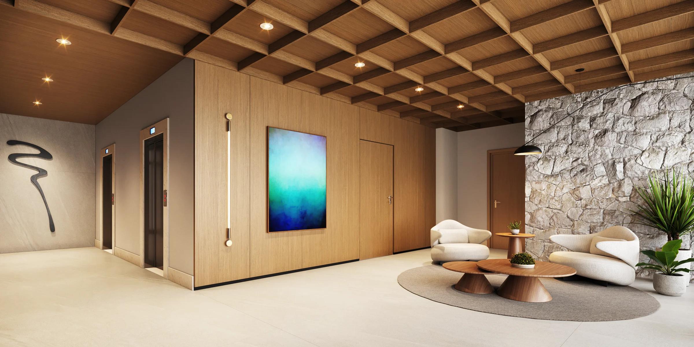 Lobby com painel de pedra, forro ripado e poltronas