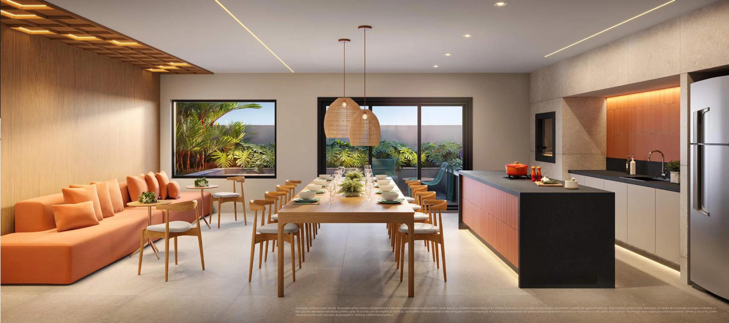 Espaço gourmet com mesa de jantar longa, bancada em ilha e sofá lateral