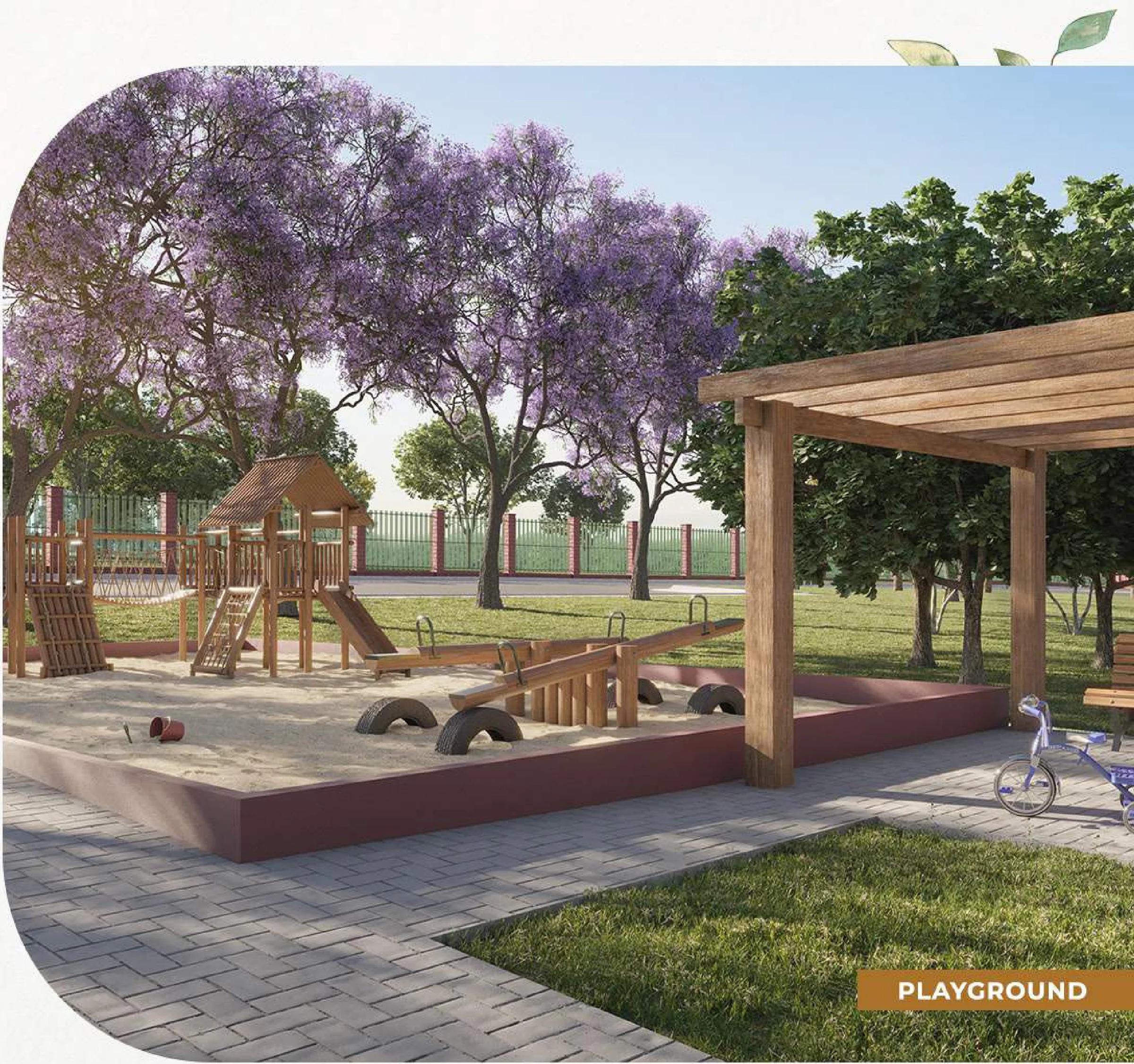 Playground infantil com brinquedos de madeira, gangorras e tanque de areia