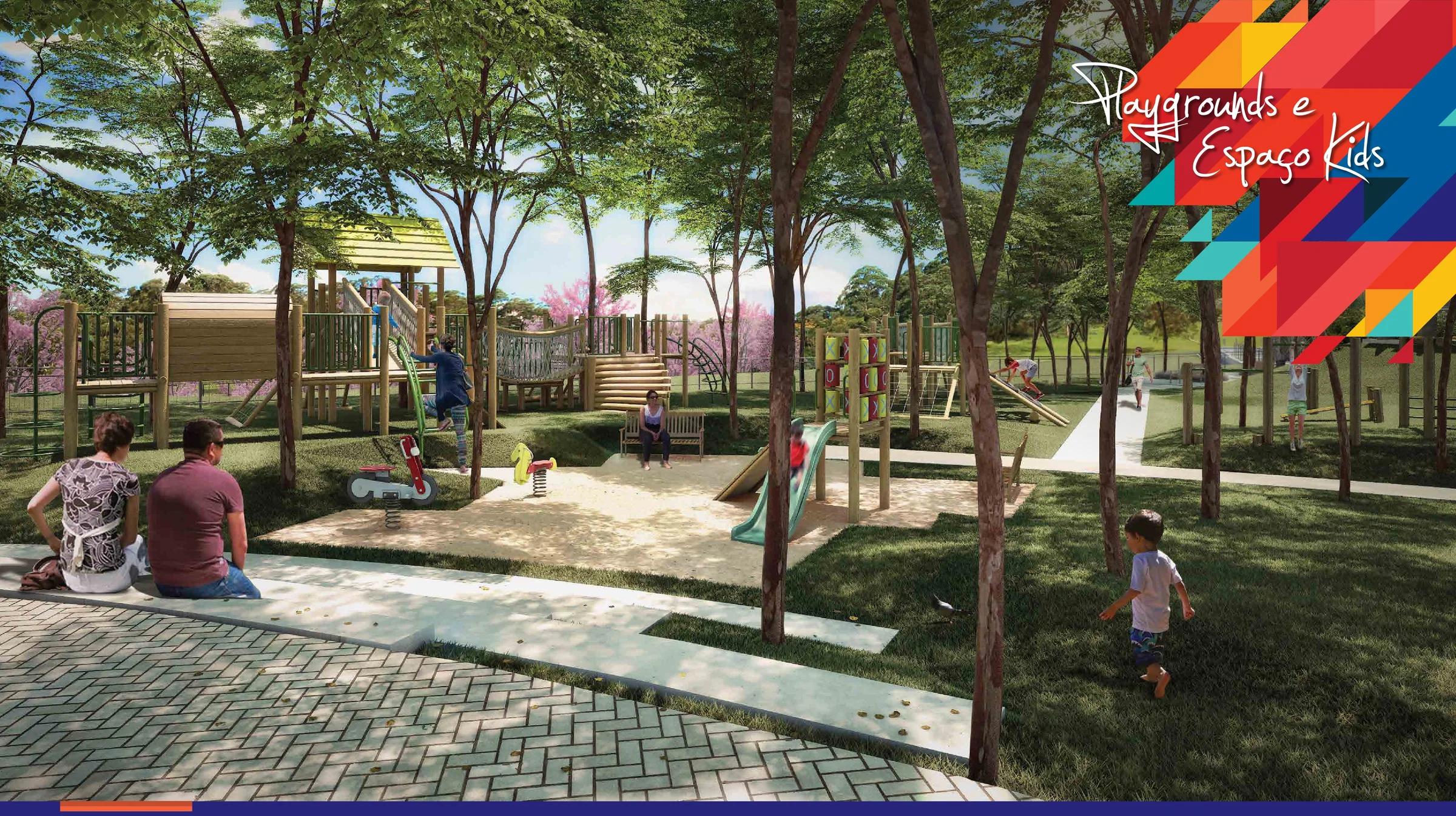 Playground infantil com brinquedos de madeira integrado à área verde