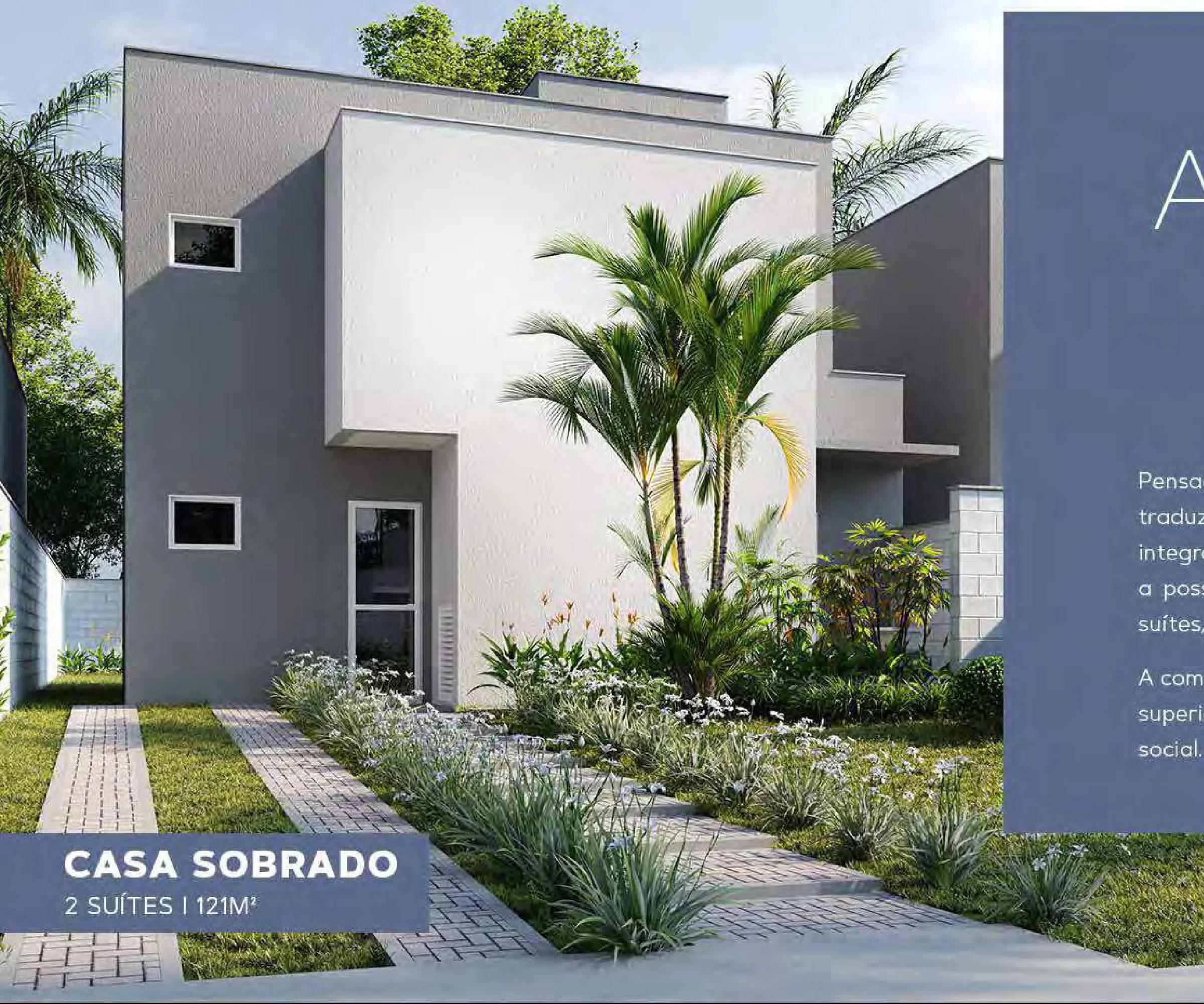 Perspectiva 3D da fachada do sobrado de 2 suítes com paisagismo e acesso pavimentado