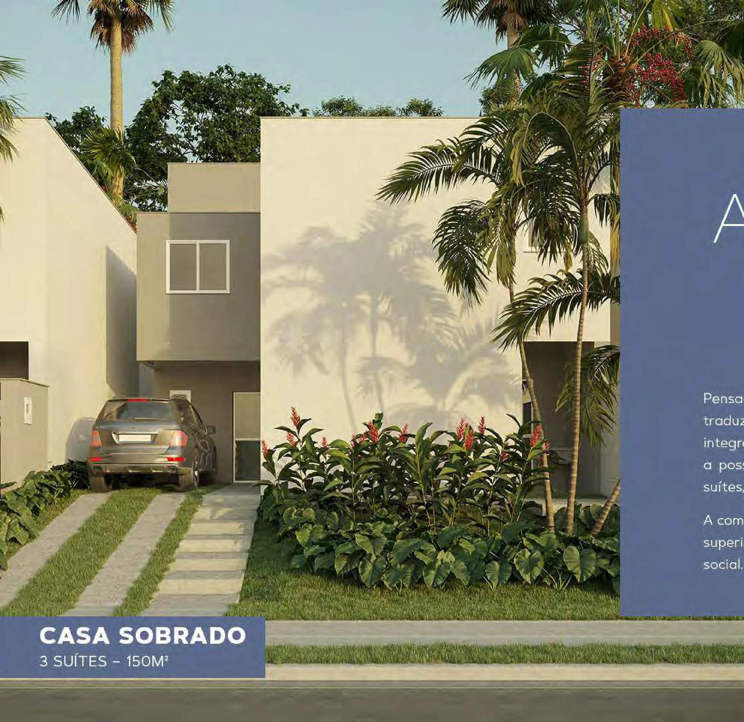 Perspectiva 3D da fachada do sobrado de 3 suítes com vaga de garagem e jardim