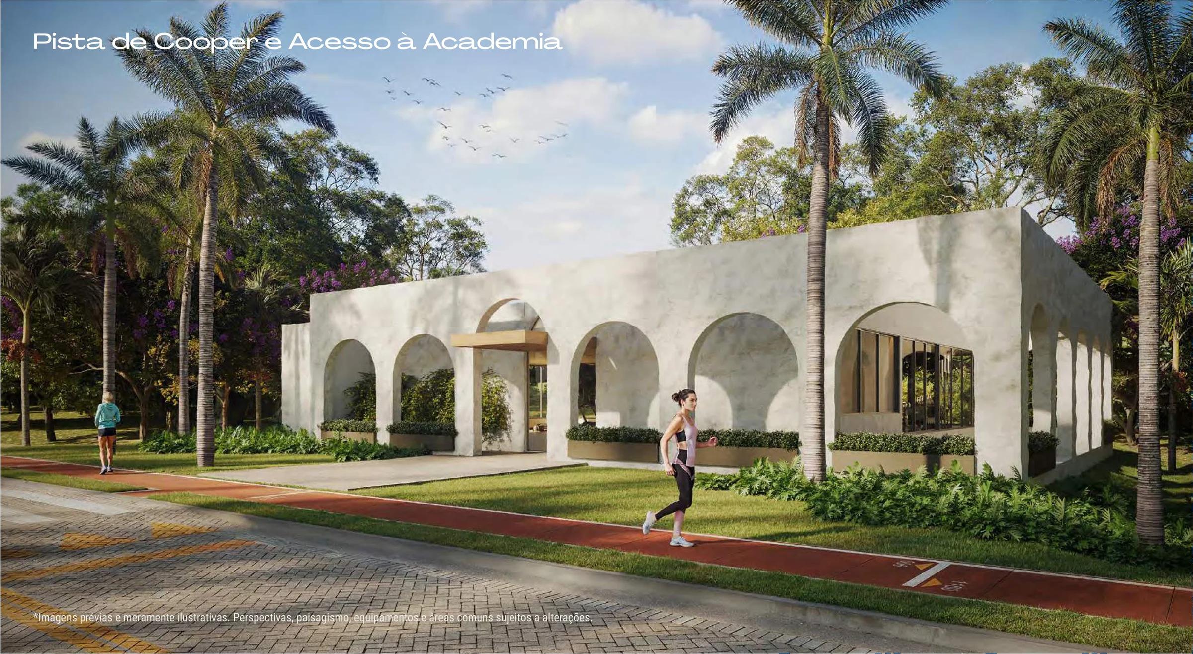 Perspectiva da pista de cooper em frente ao prédio da academia.