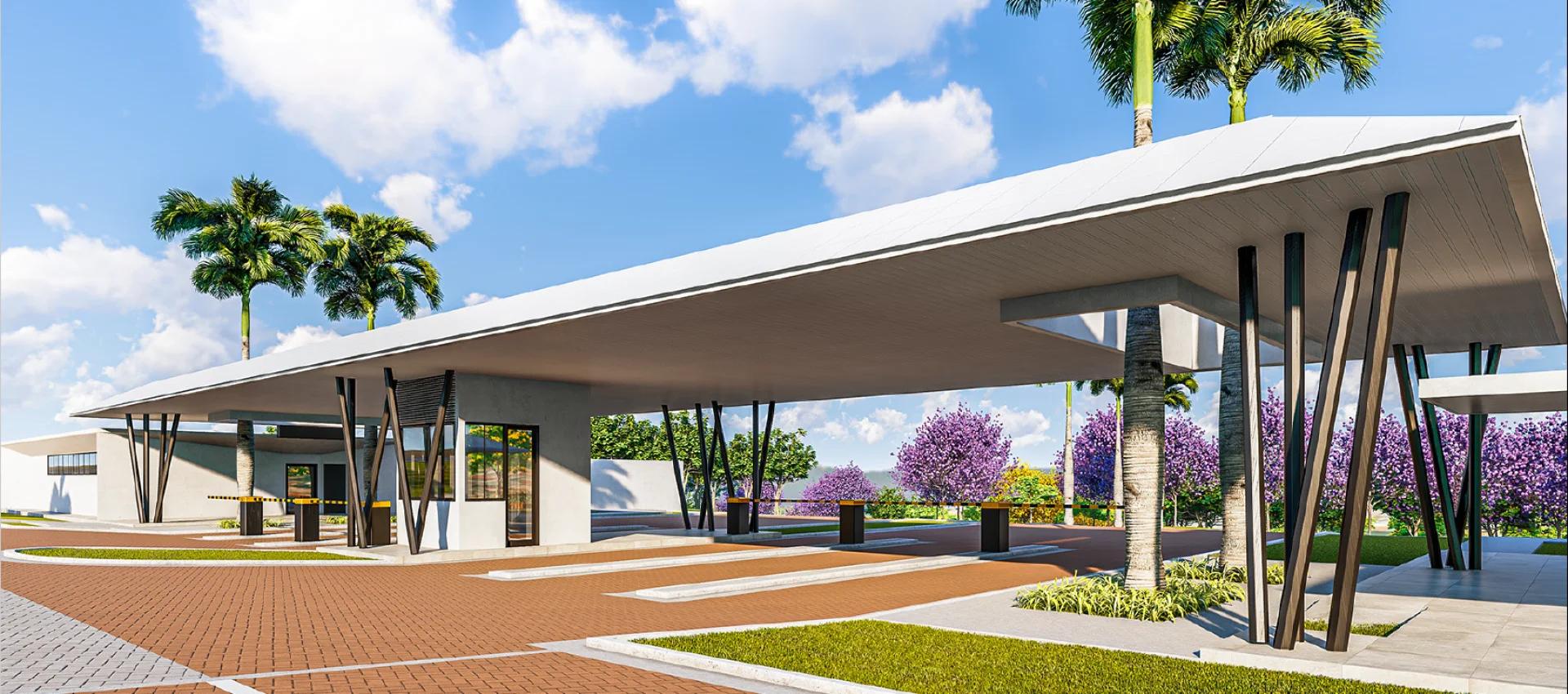 Perspectiva da portaria e clube de entrada, com cobertura metalica e paisagismo.