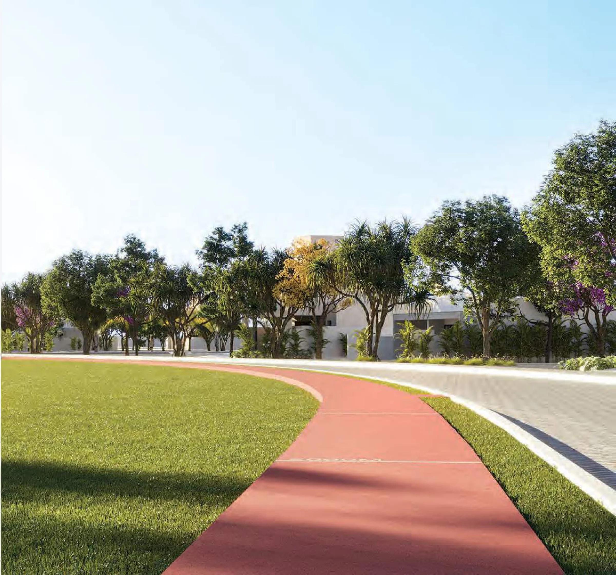 Perspectiva 3D da pista de caminhada em meio à área verde arborizada