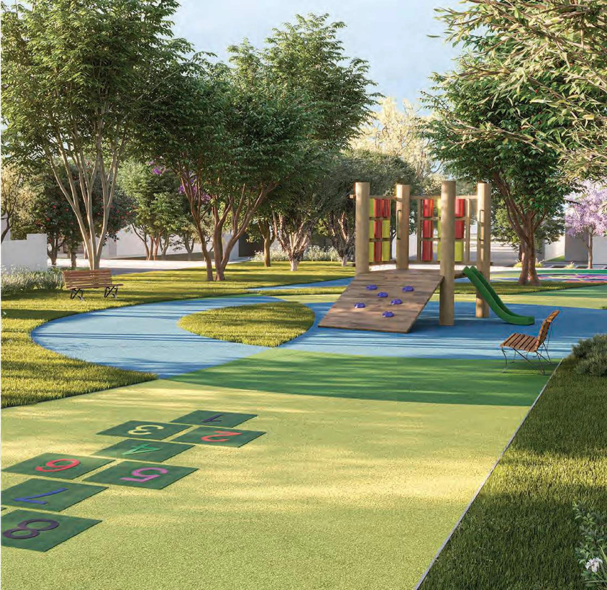 Perspectiva 3D do playground infantil com piso emborrachado e amarelinha