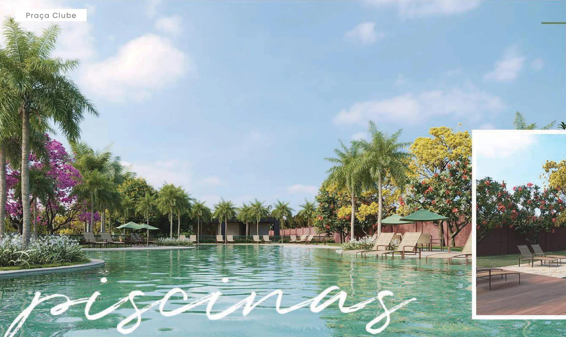 Perspectiva da piscina do clube cercada por espreguiçadeiras, ombrelones e vegetação exuberante