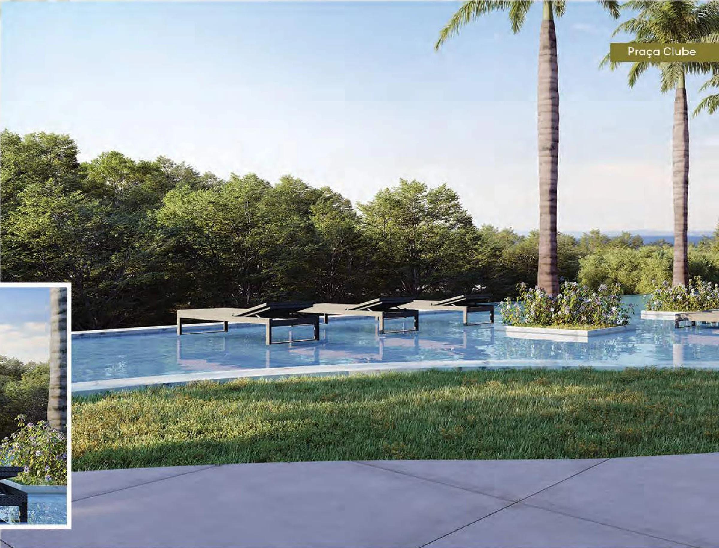 Piscina do clube com espreguiçadeiras na água e palmeiras
