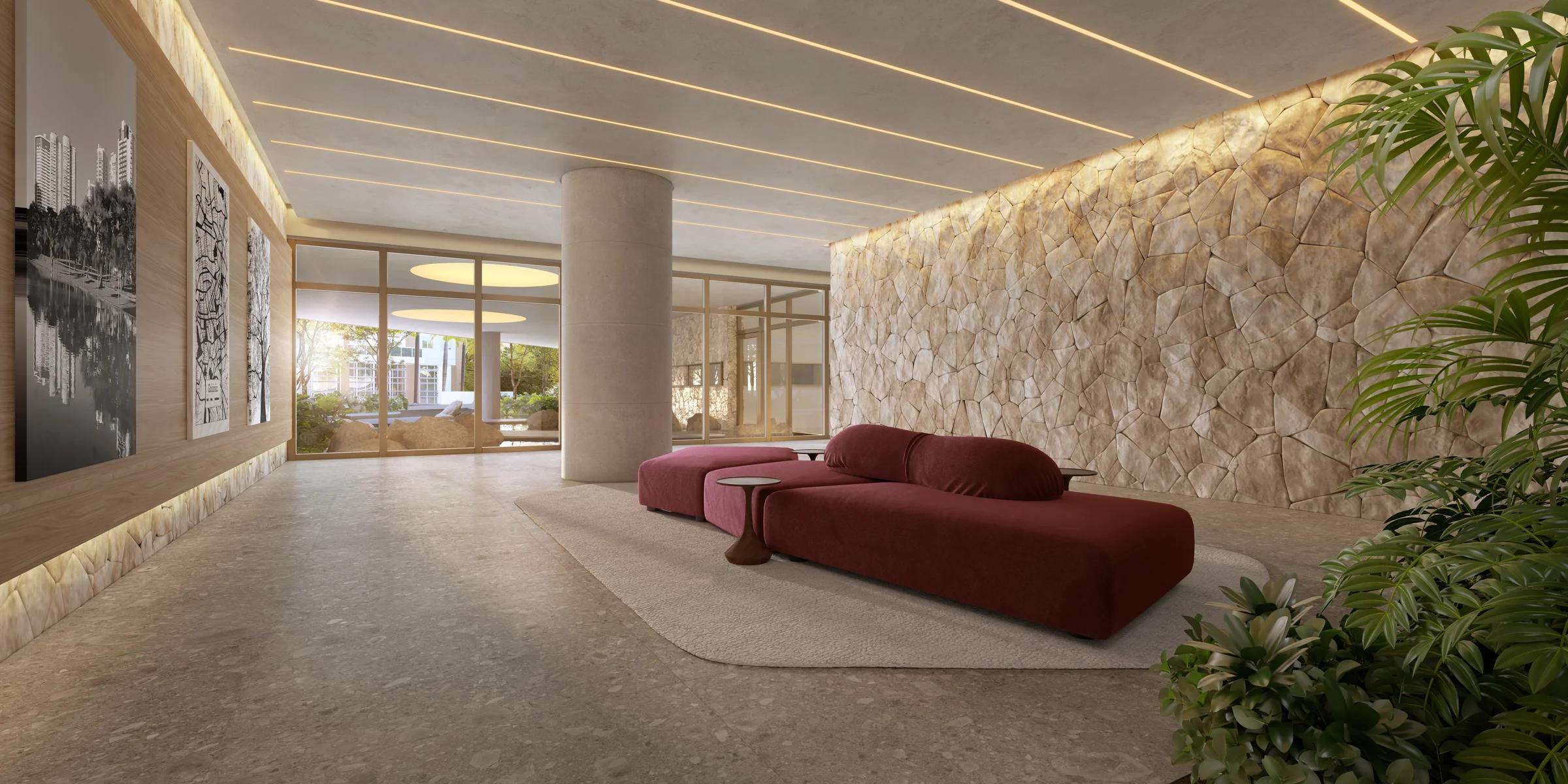 Lobby principal com recepção e área de estar