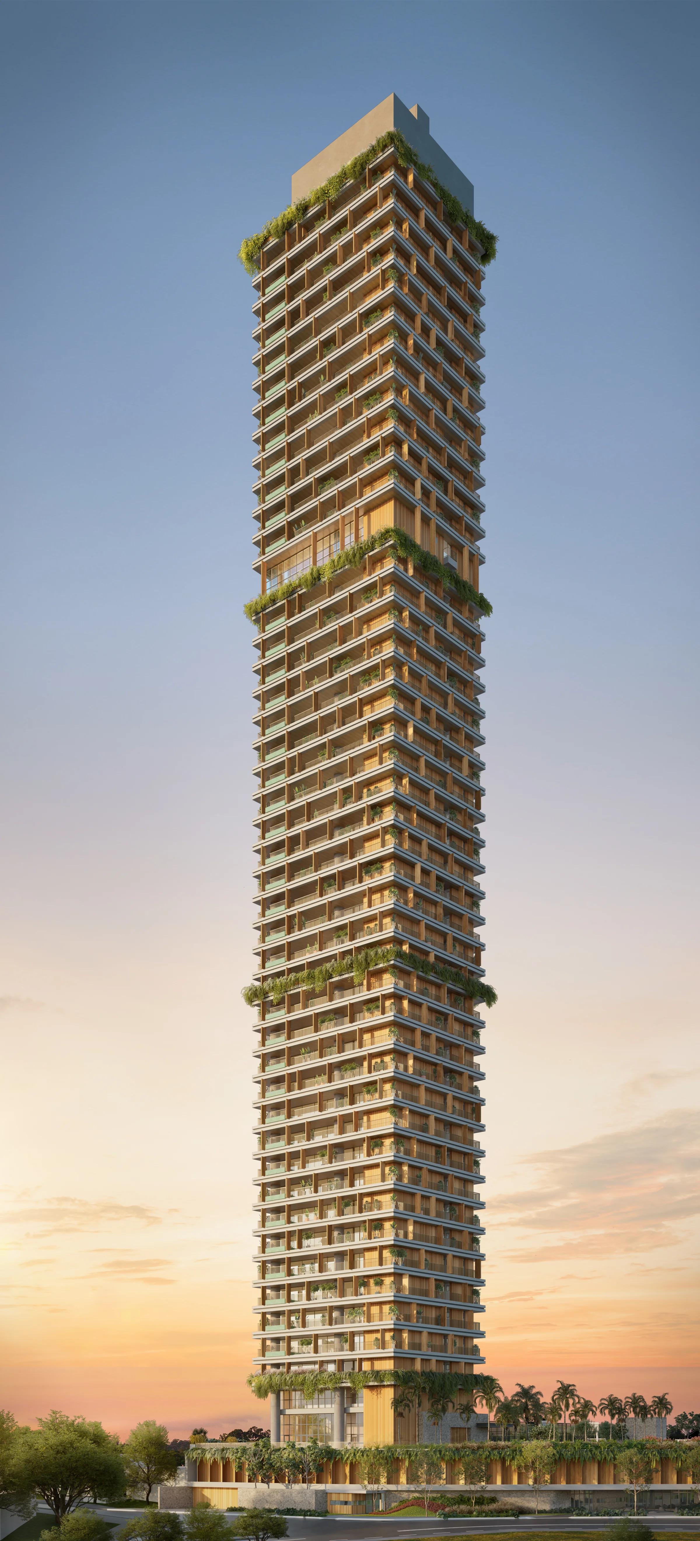 Fachada de torre residencial vista de baixo para cima