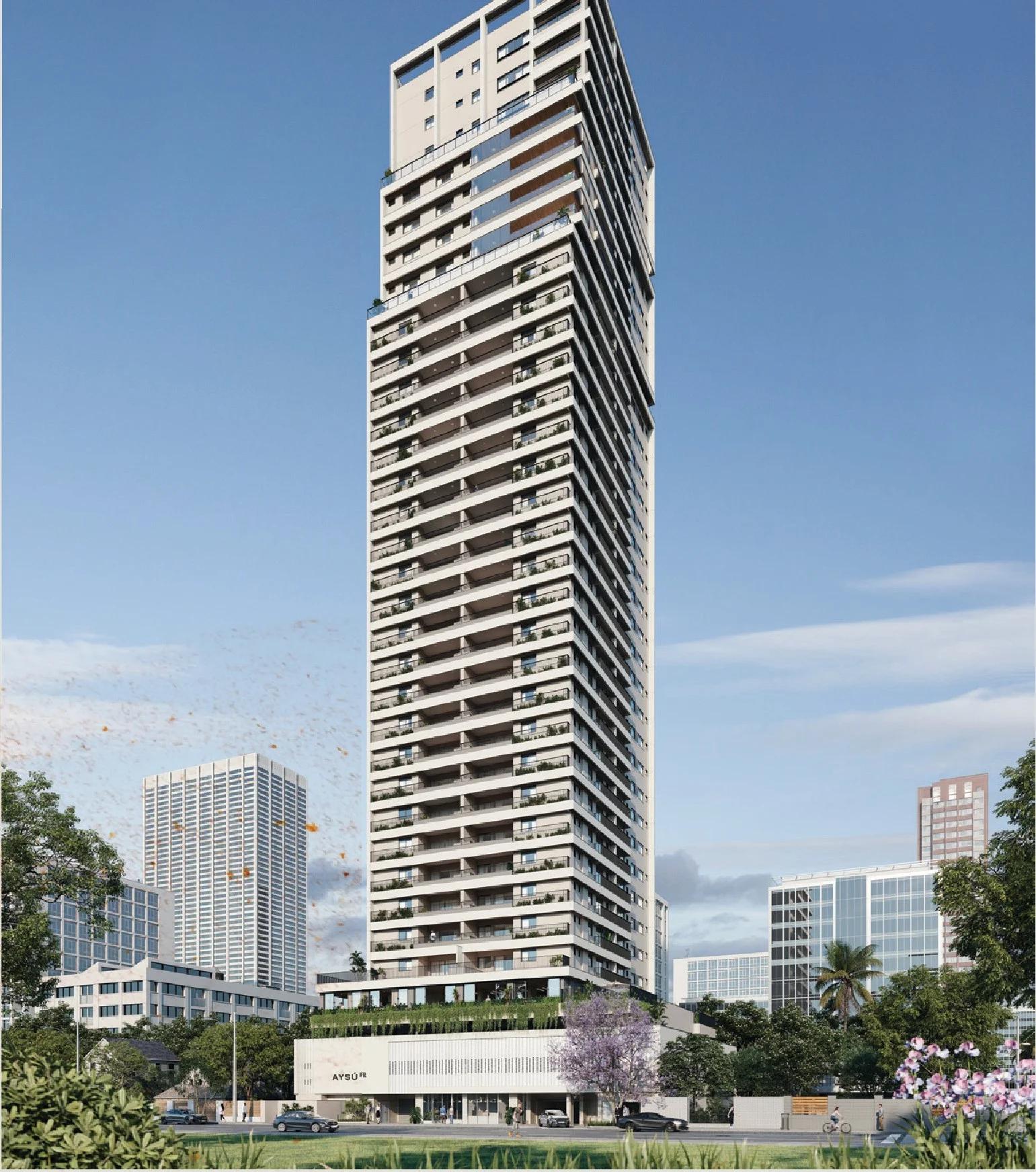 Perspectiva frontal completa da torre do edifício residencial e entorno
