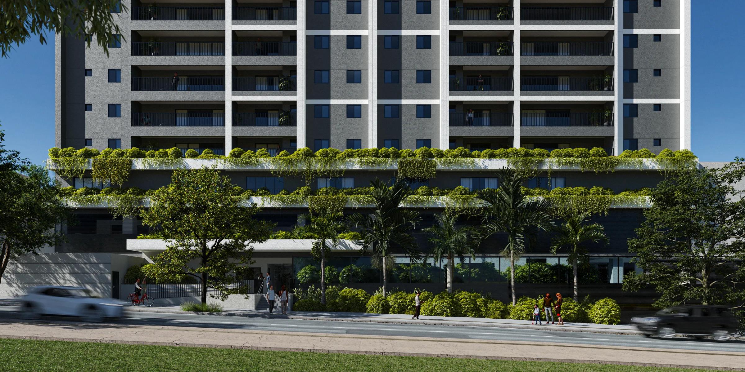 Acesso de pedestres e entrada do edifício com paisagismo vertical e vegetação densa