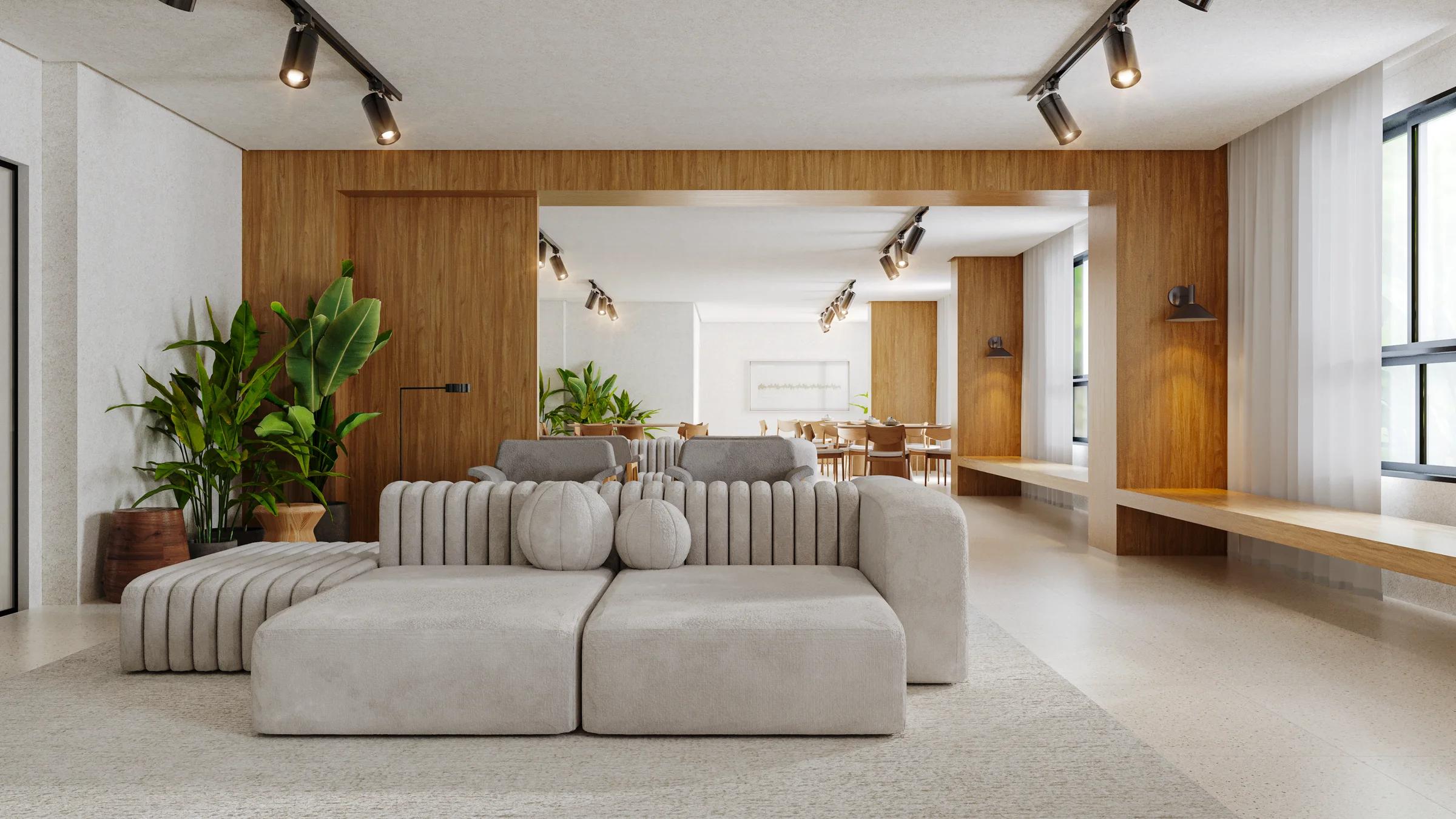 Lounge do salão de festas com sofá modular e revestimentos em madeira