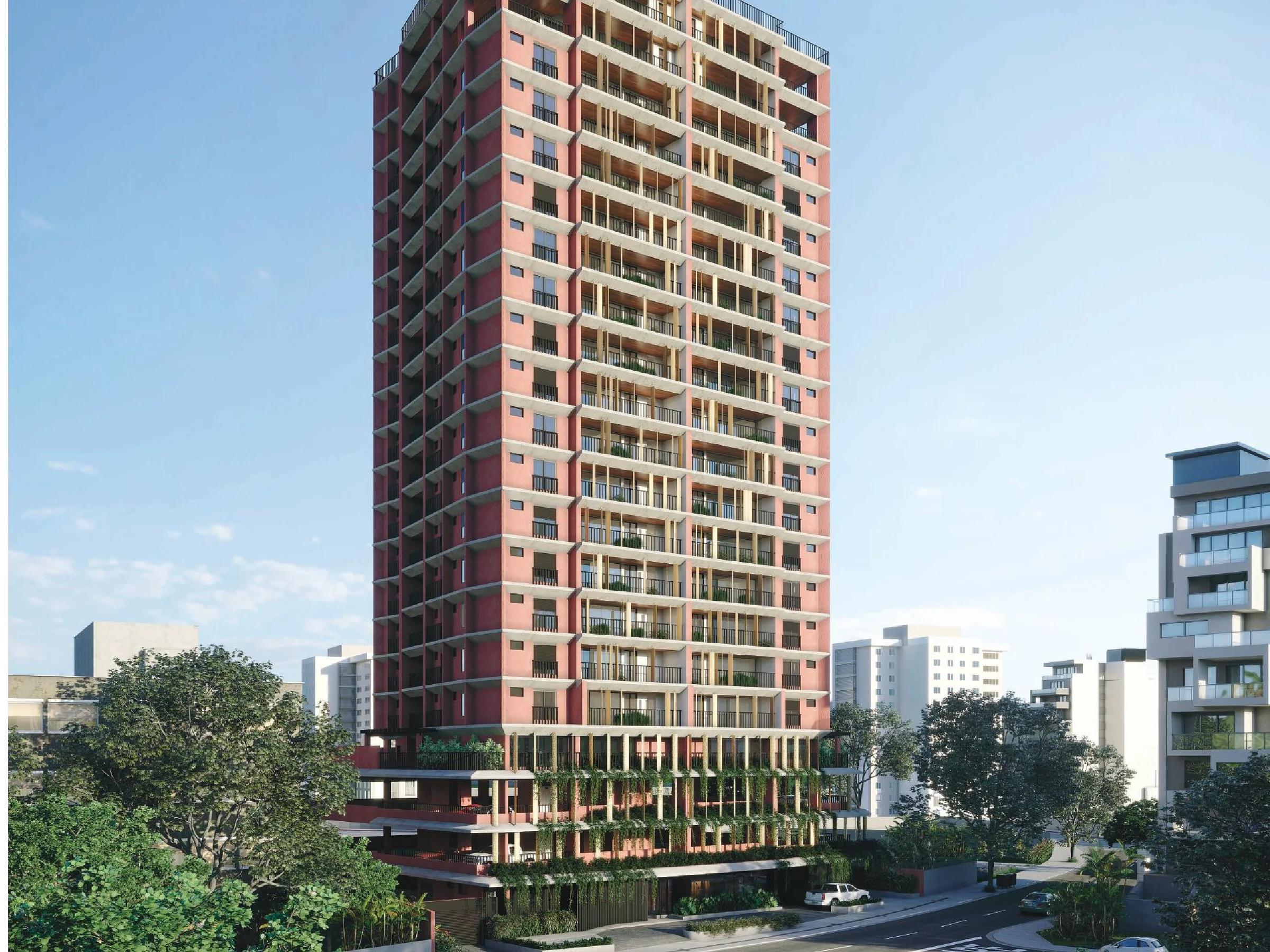 Perspectiva da fachada completa do edifício em ângulo com o entorno urbano
