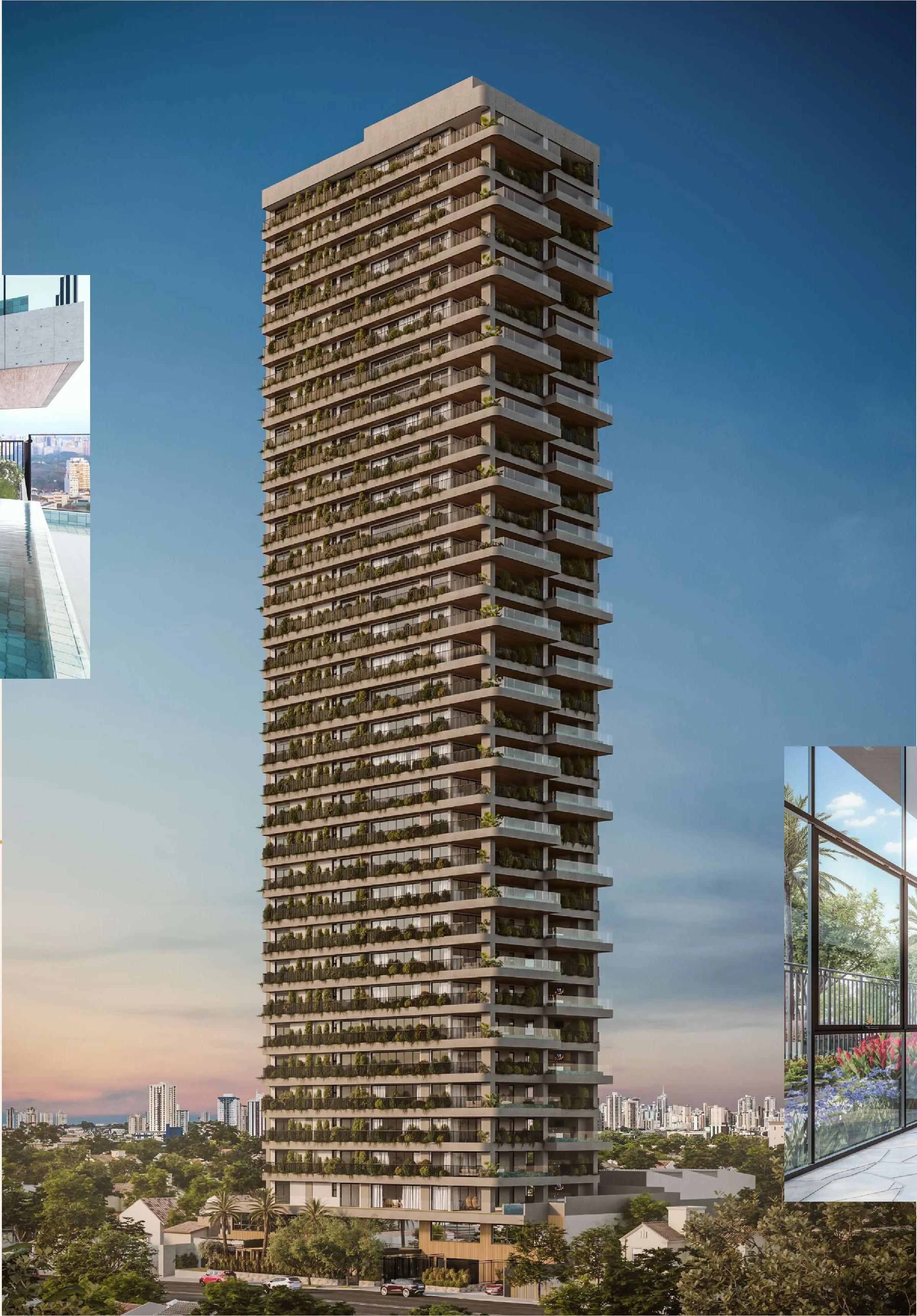 Perspectiva da fachada da torre residencial com vegetação nas varandas