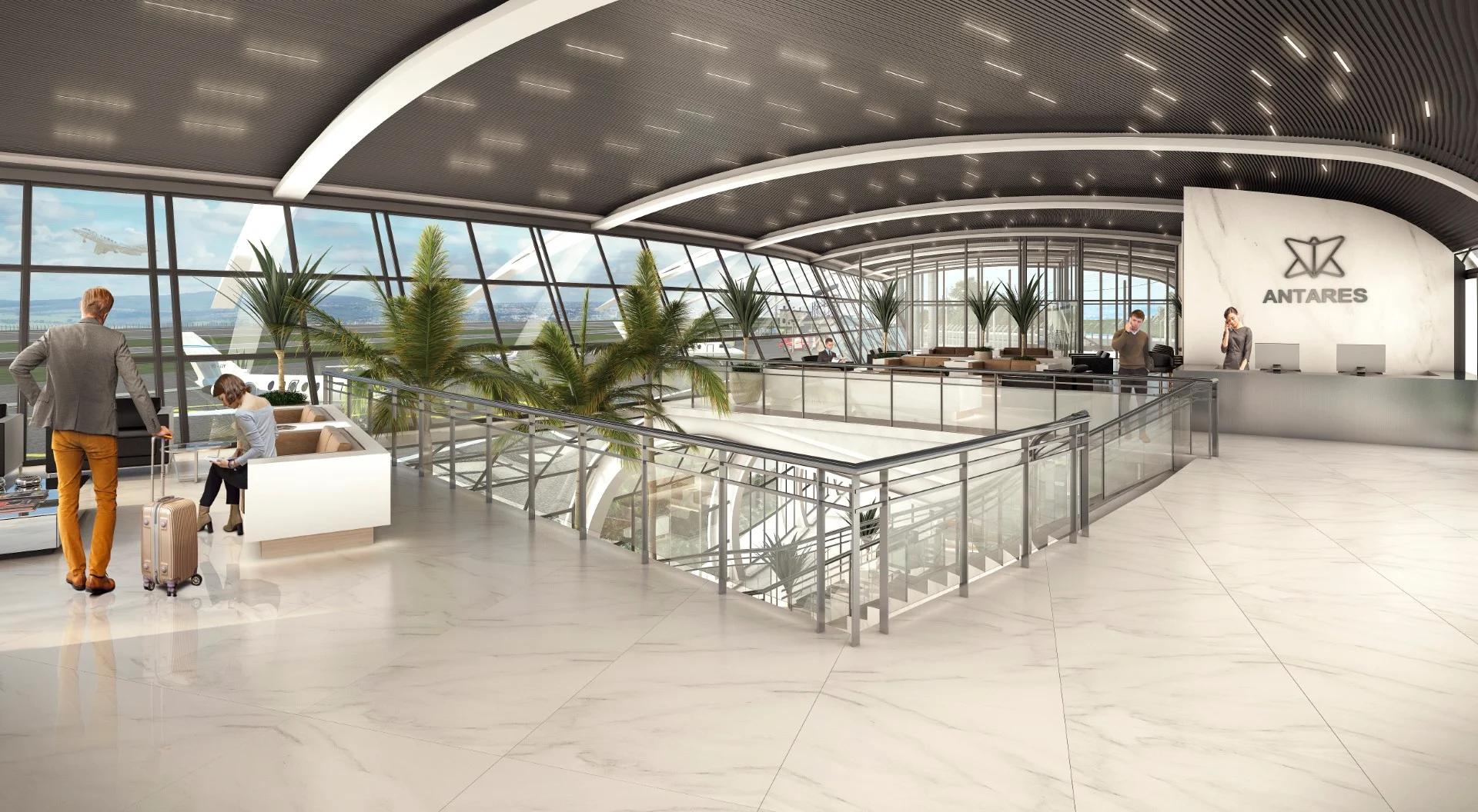 Saguão do terminal com mezanino, lounge de espera e balcão de atendimento