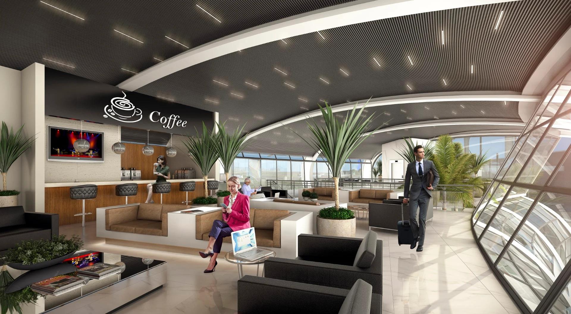 Cafeteria e área de convivência do terminal com poltronas e mesas