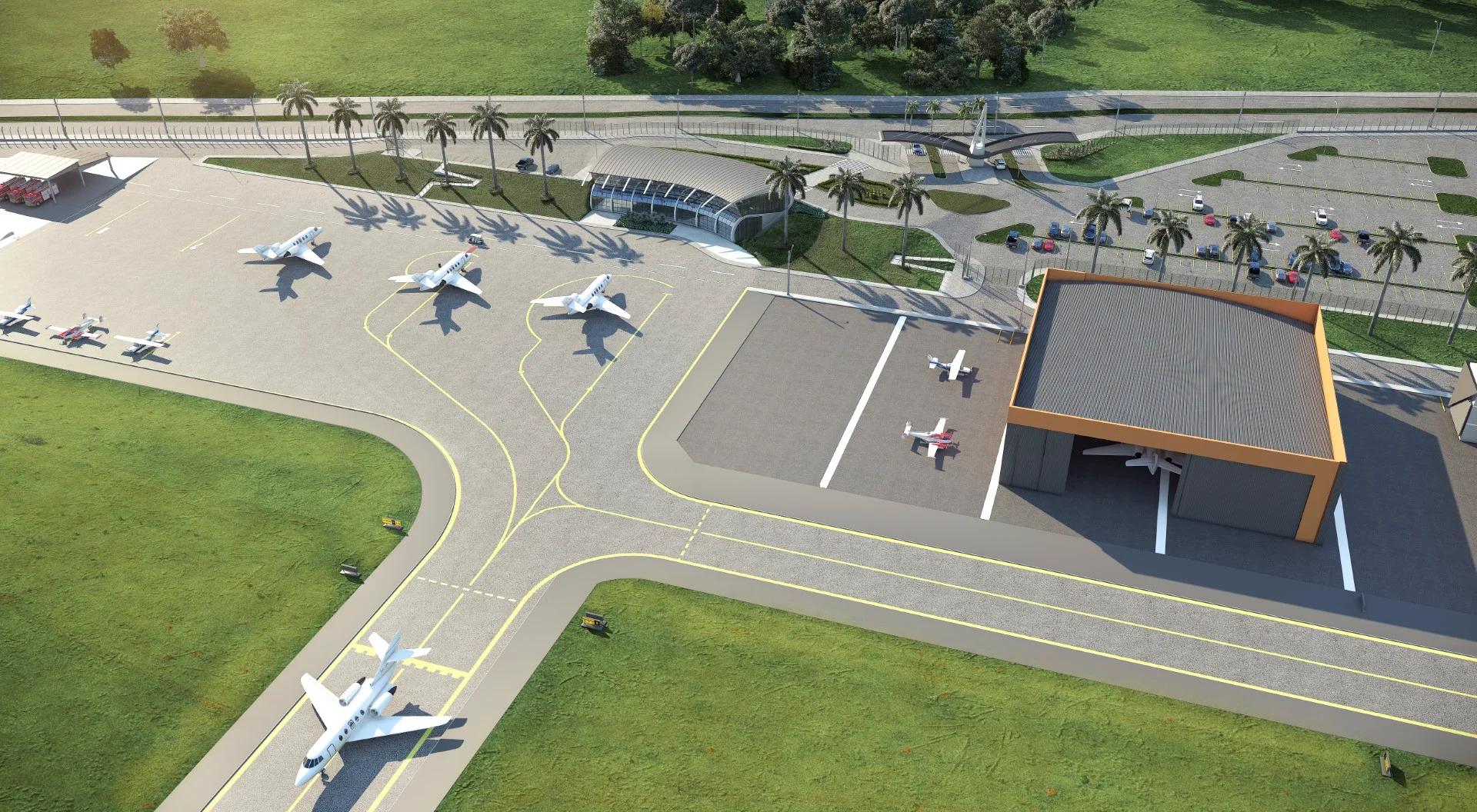 Pátio das aeronaves com taxiway e área de apoio