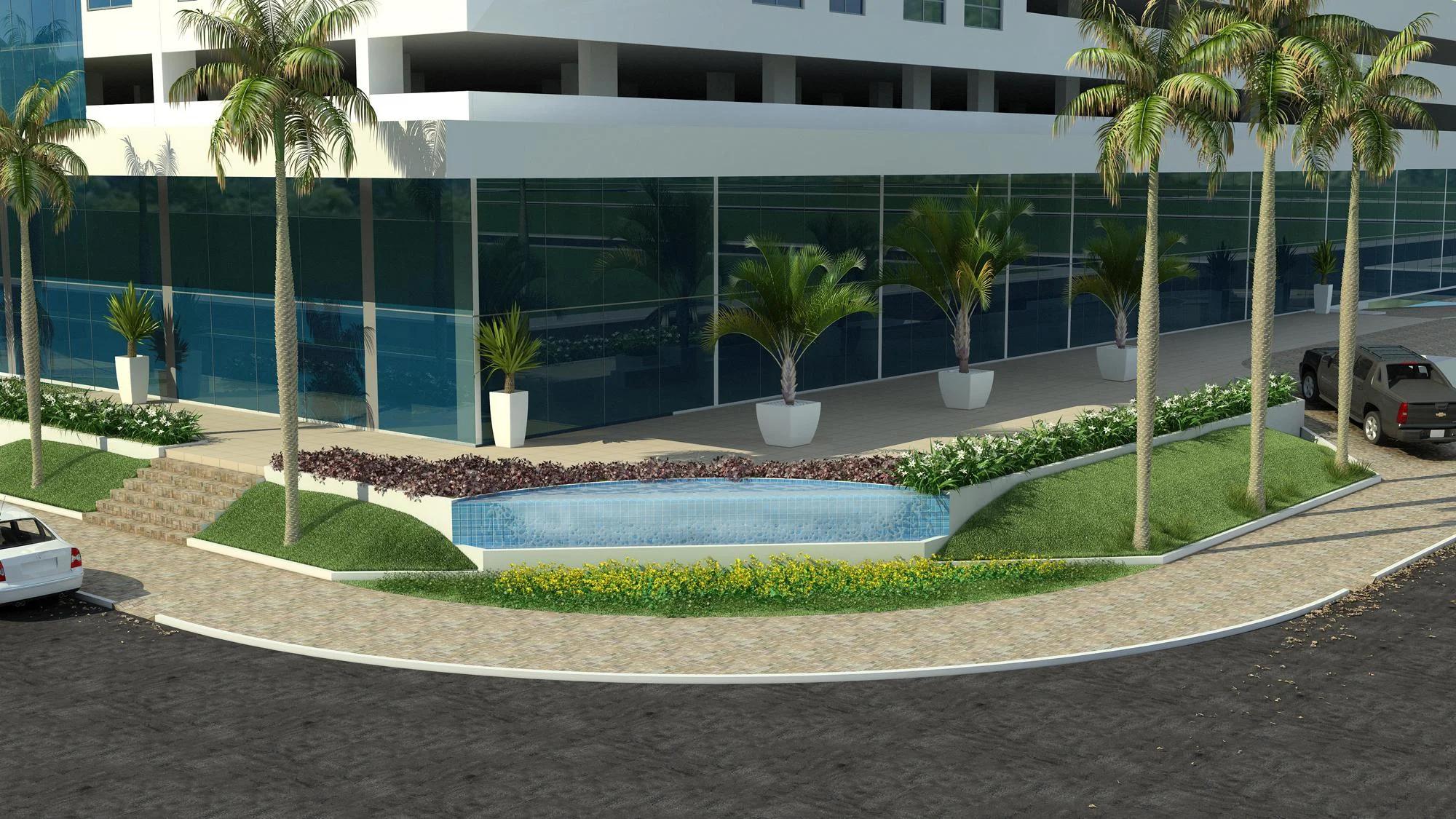 Perspectiva 3D da área de acesso térrea com espelho d'água em cascata e palmeiras