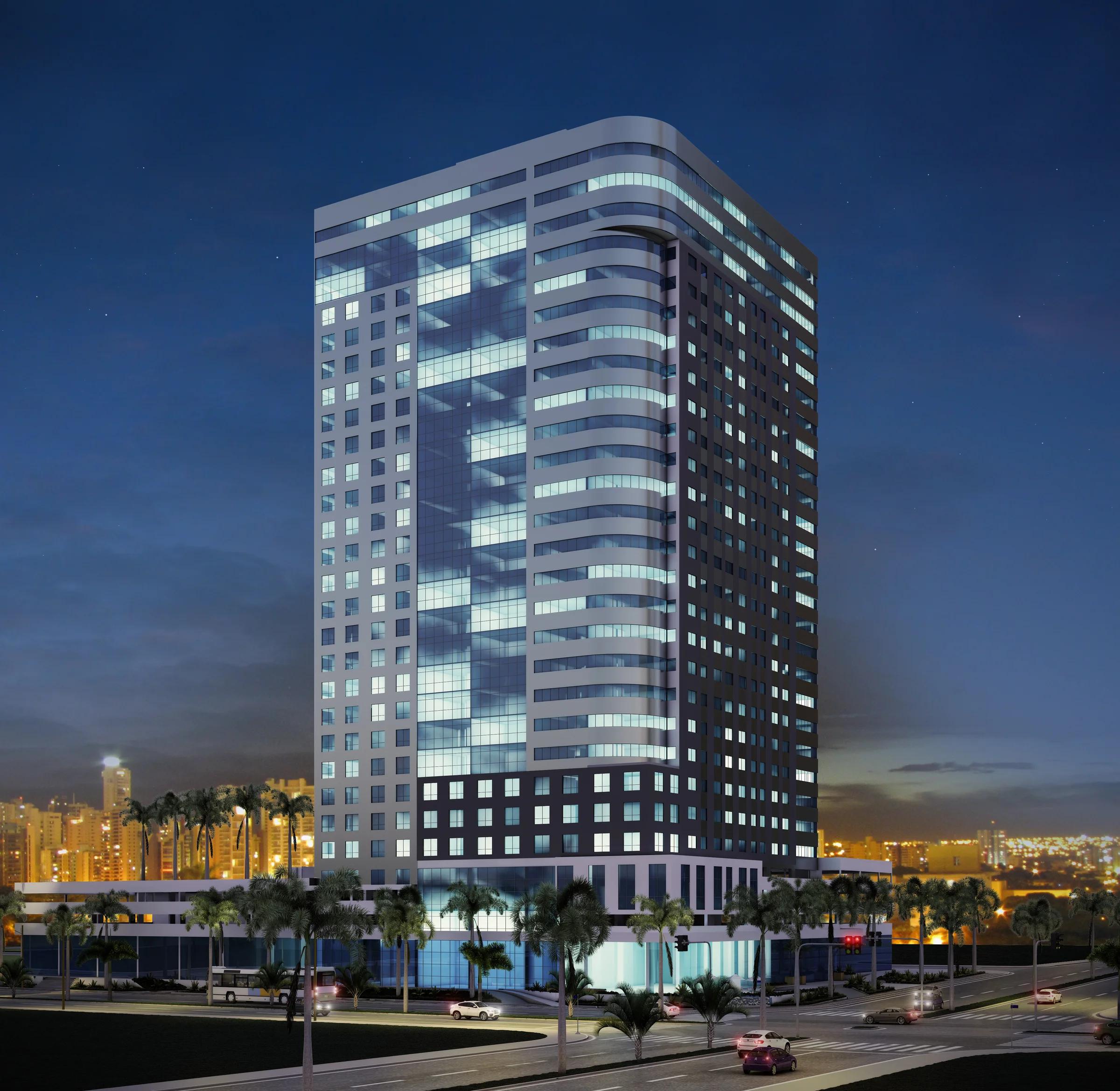 Perspectiva 3D da fachada do edifício comercial com iluminação noturna e vista para a esquina