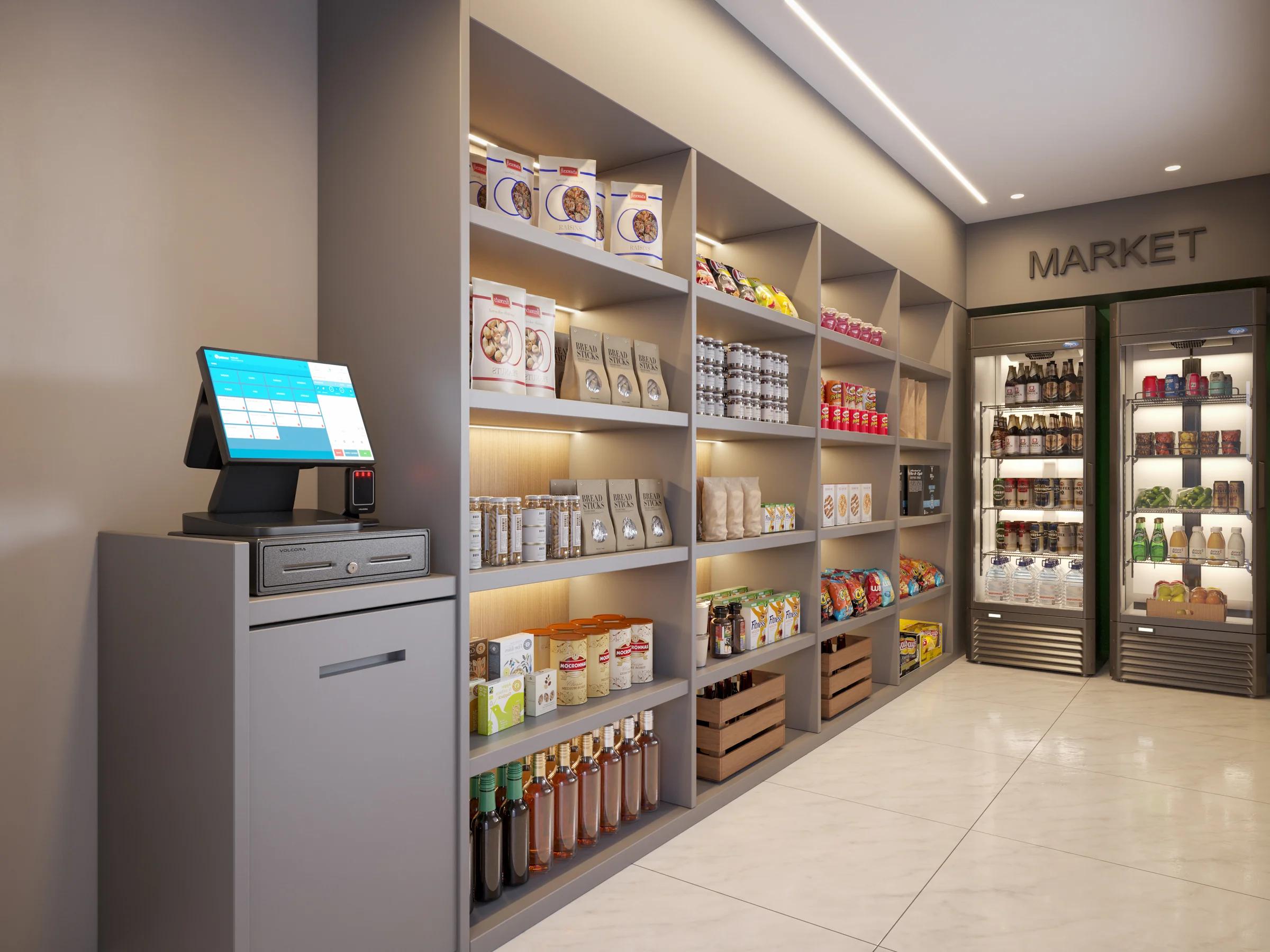 Espaço minimarket com prateleiras de conveniência e expositores refrigerados