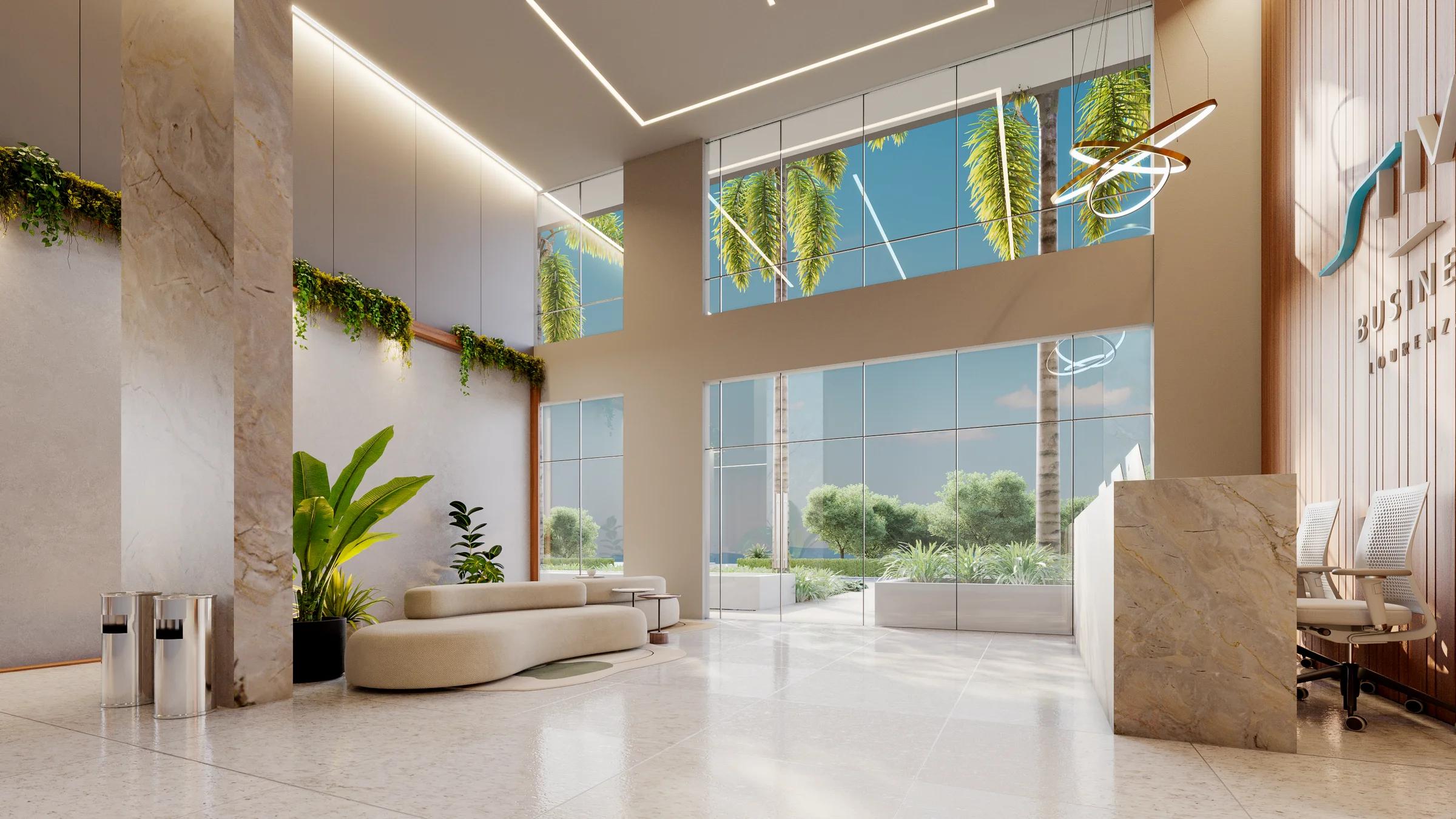 Perspectiva do lobby com pé-direito duplo