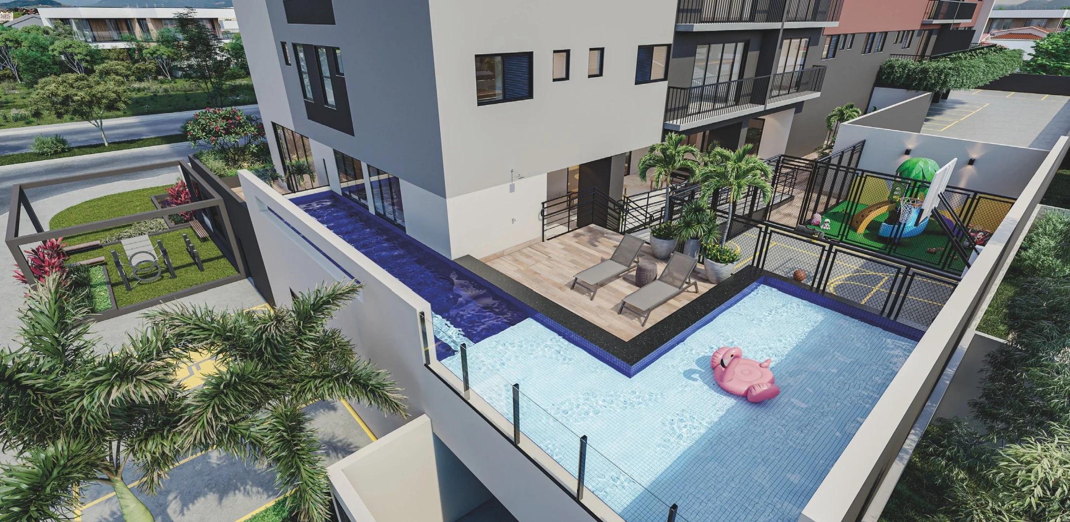 Vista aérea da área externa de lazer com piscinas adulto e infantil, solário e quadra