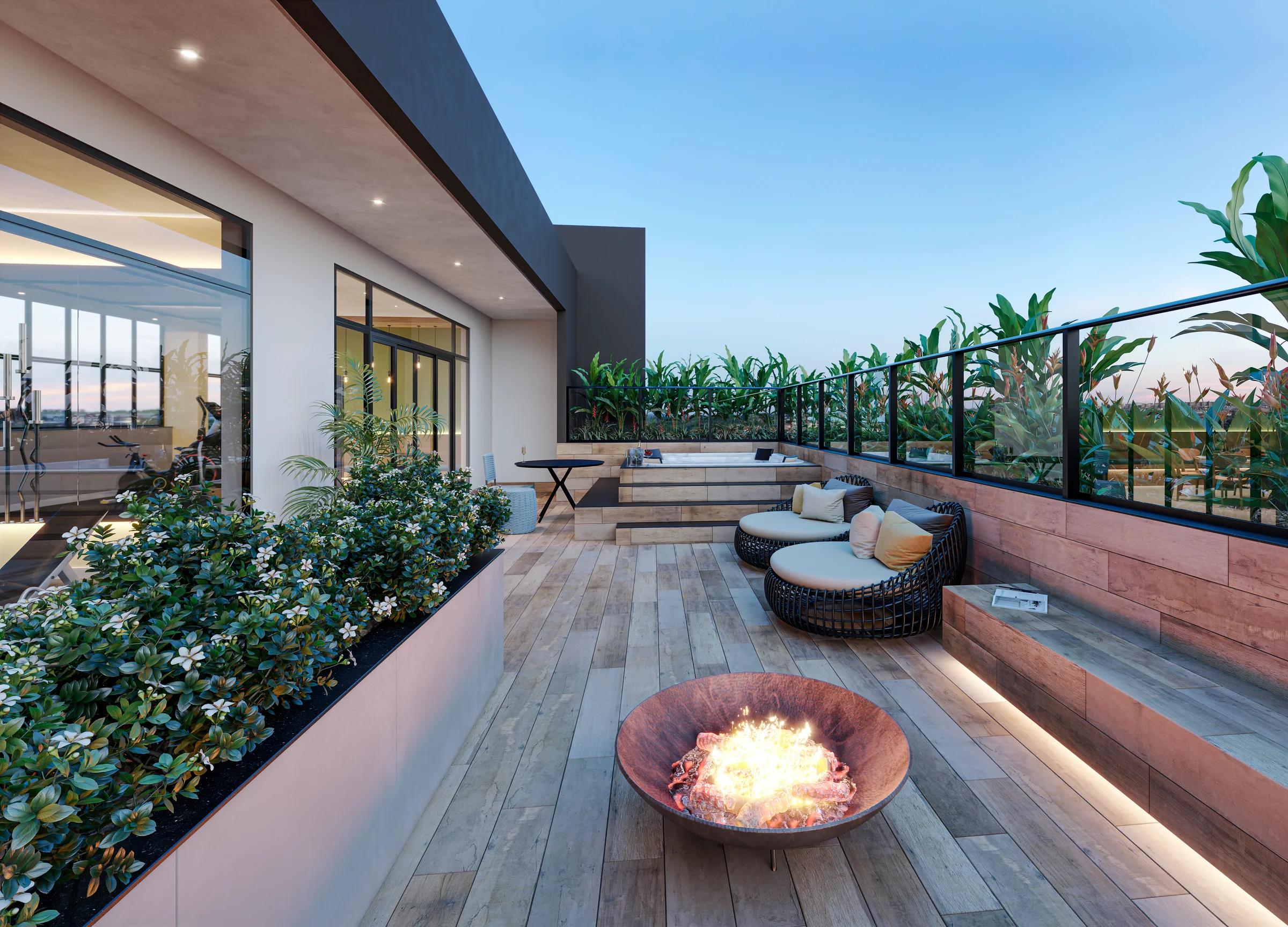 Play Residence - deck spa no rooftop com lareira ao ar livre