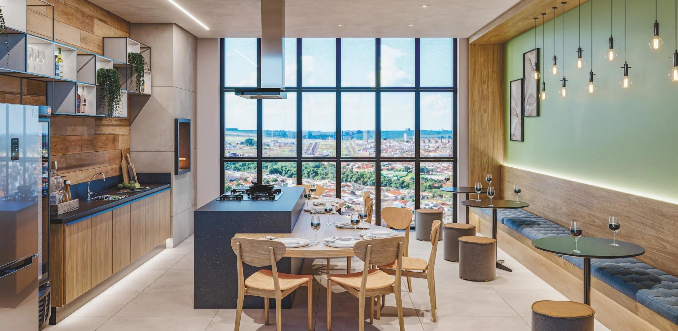 Espaço gourmet no pavimento superior com ampla janela e bancada de refeições